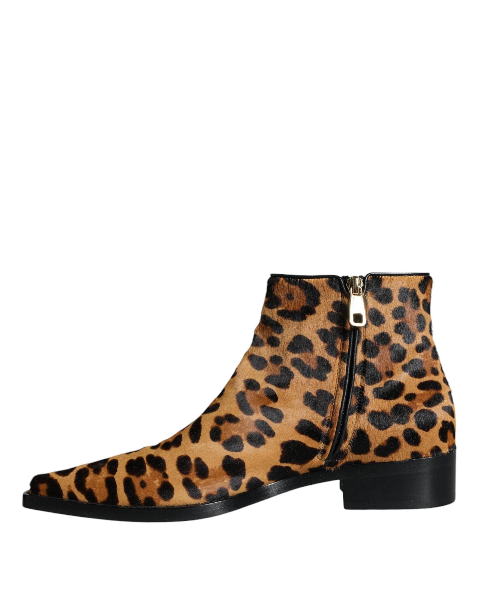 Dolce & Gabbana Brown Leopard Calf Fur Ankle Boots Shoes - Hilstor