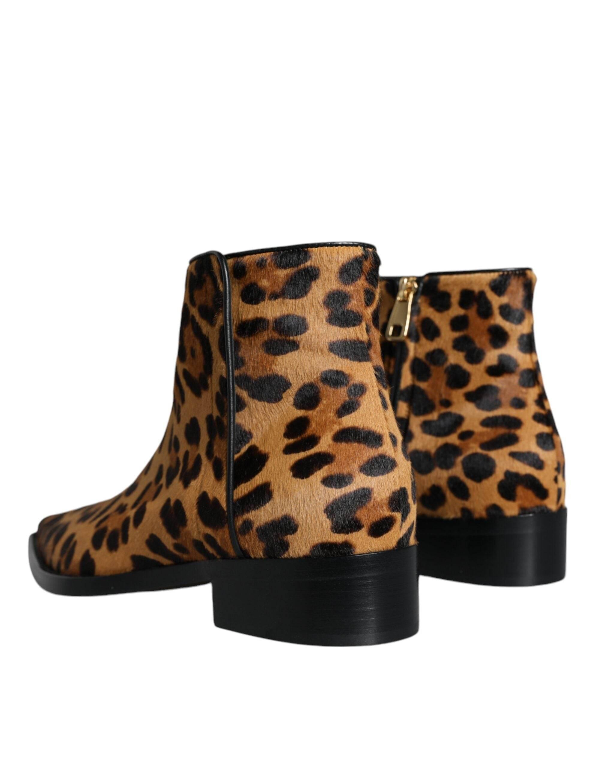 Dolce & Gabbana Brown Leopard Calf Fur Ankle Boots Shoes - Hilstor