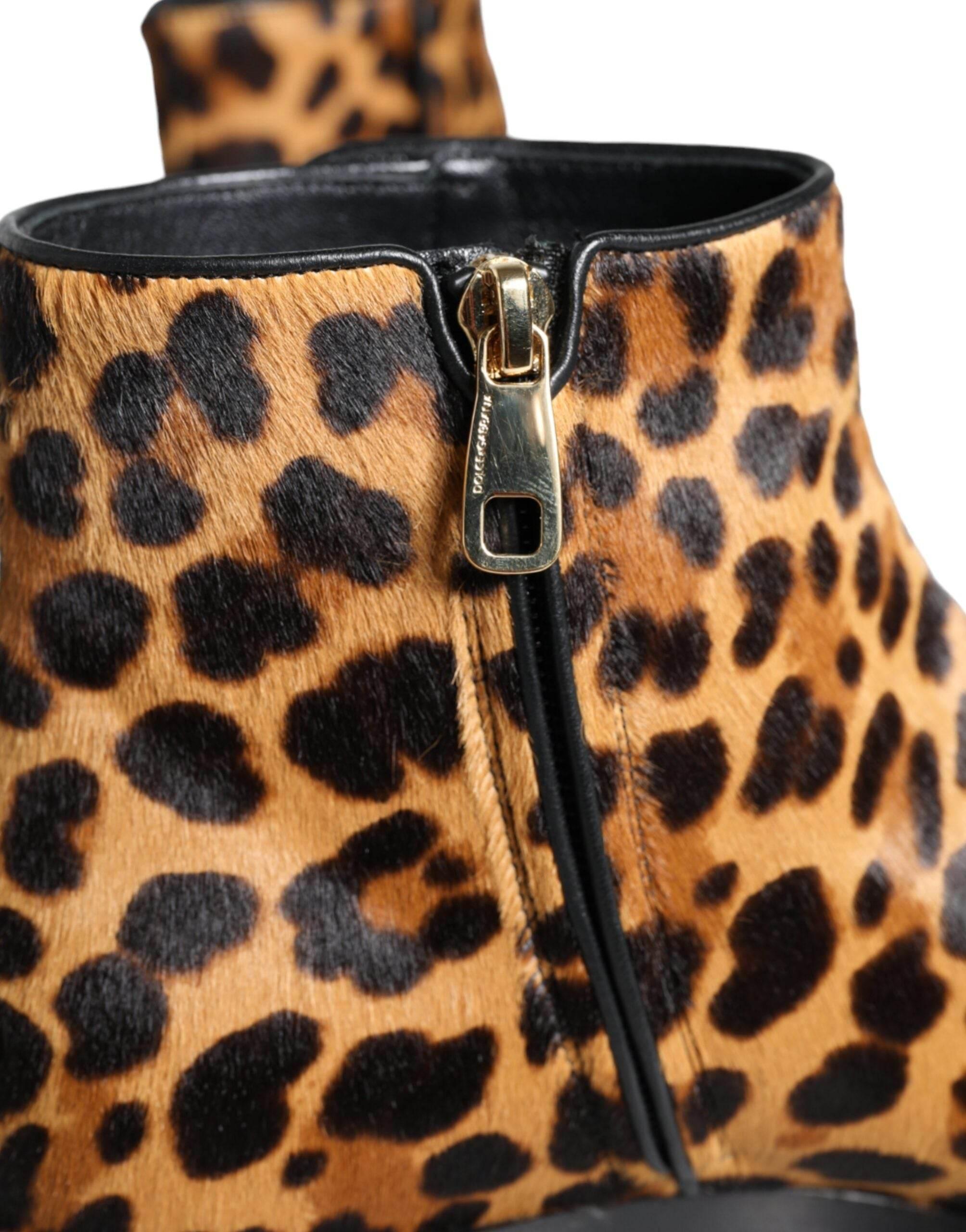 Dolce & Gabbana Brown Leopard Calf Fur Ankle Boots Shoes - Hilstor