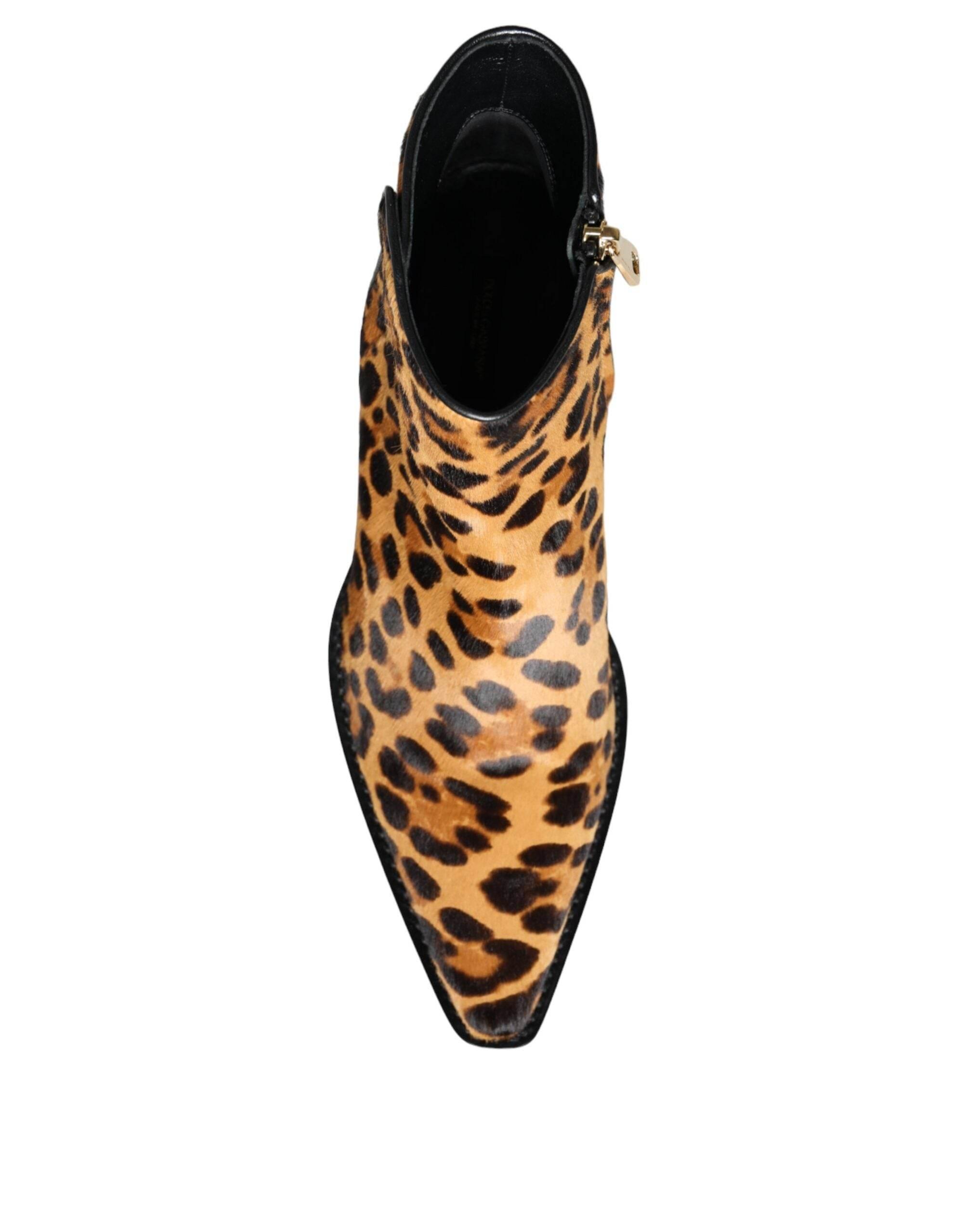 Dolce & Gabbana Brown Leopard Calf Fur Ankle Boots Shoes - Hilstor