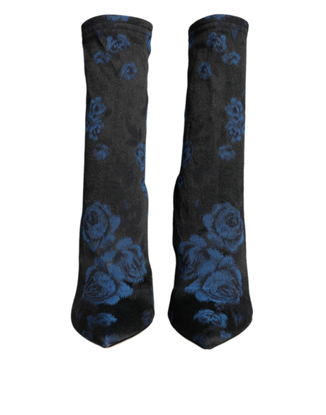Dolce & Gabbana Black Floral Stretch Mid Calf Boots Shoes - Hilstor