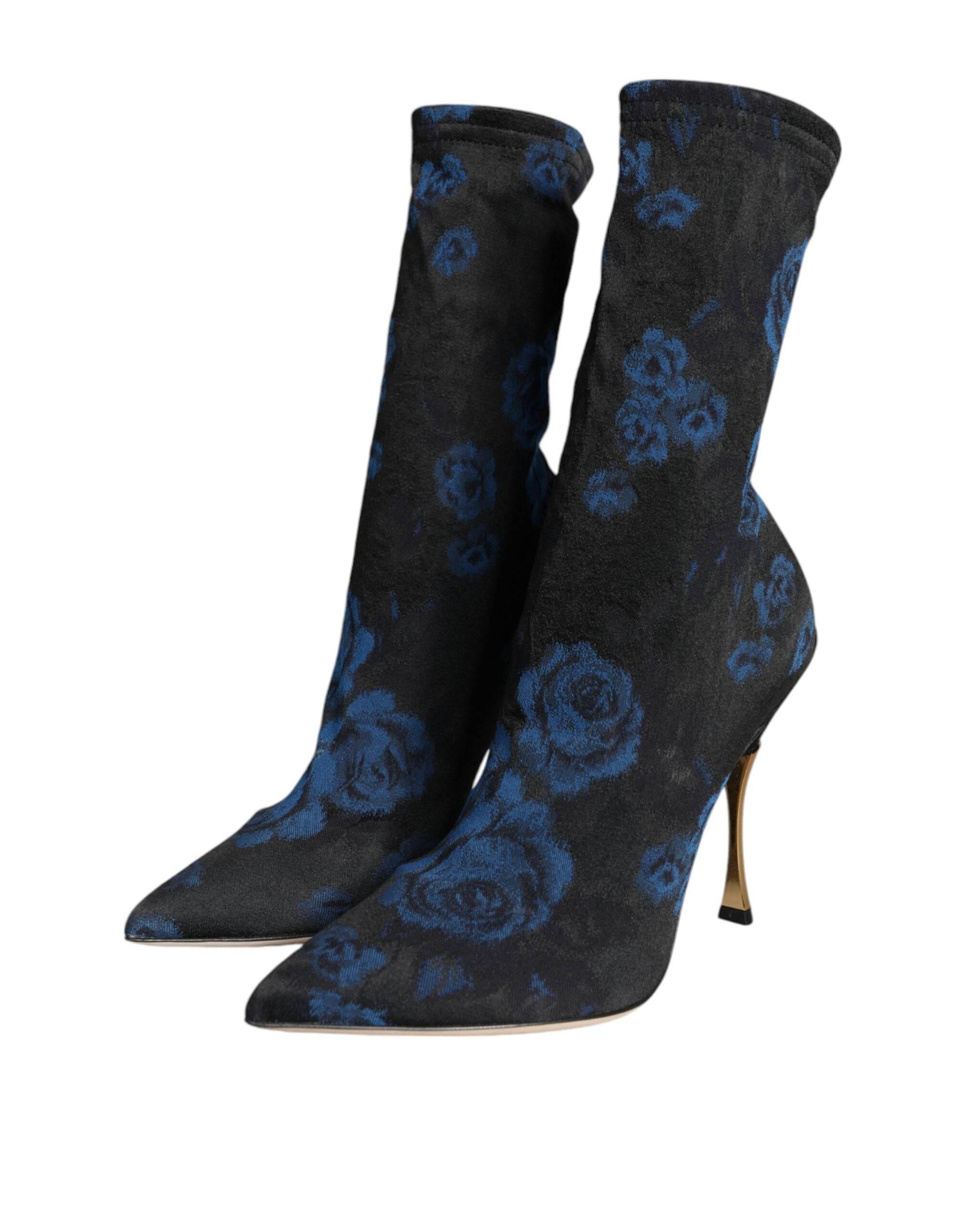 Dolce & Gabbana Black Floral Stretch Mid Calf Boots Shoes - Hilstor