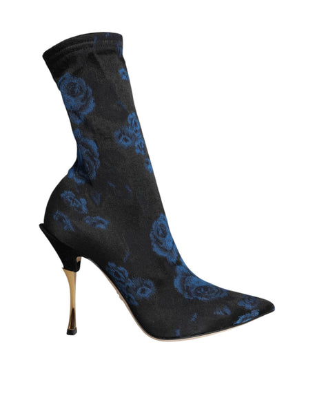 Dolce & Gabbana Black Floral Stretch Mid Calf Boots Shoes - Hilstor
