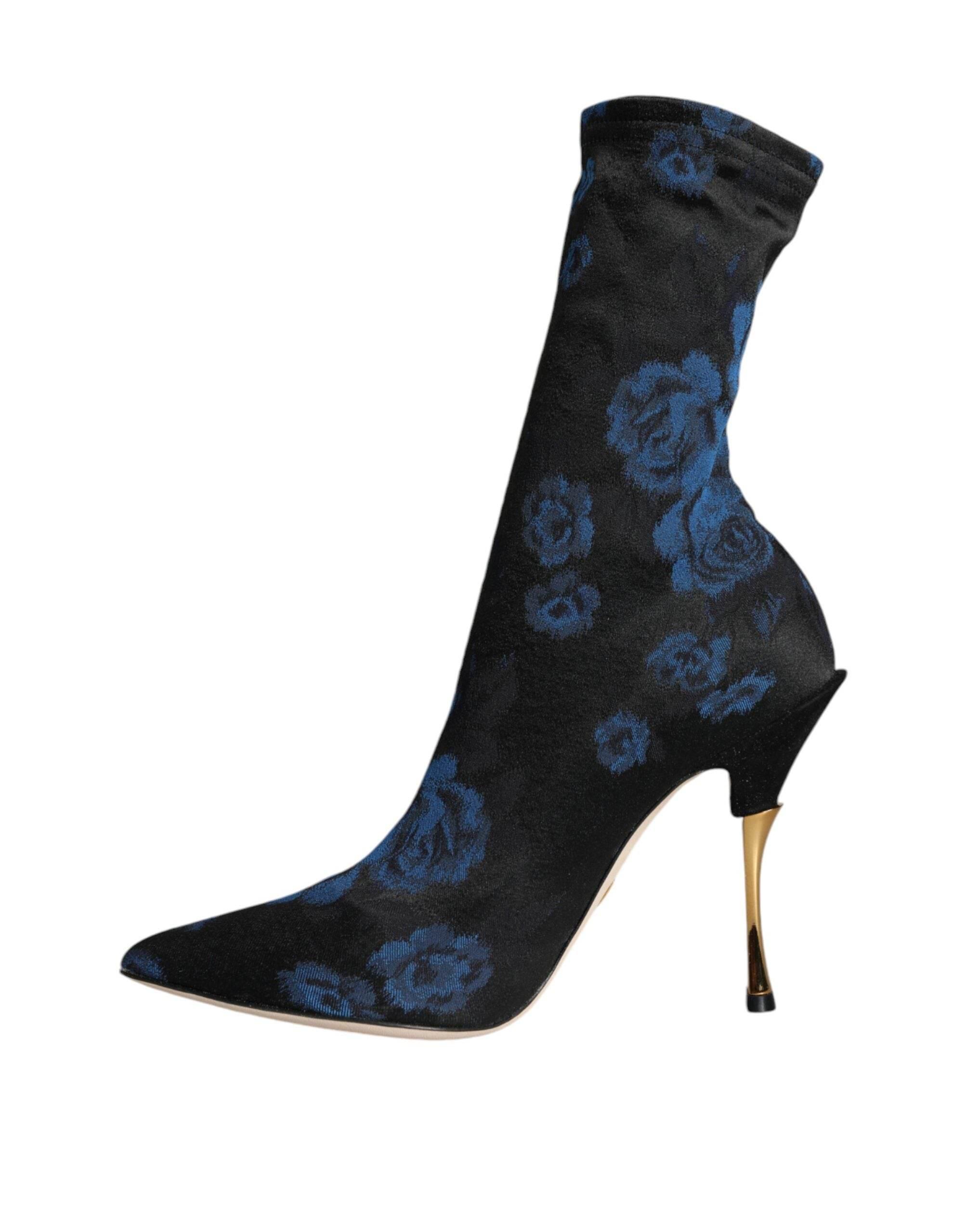 Dolce & Gabbana Black Floral Stretch Mid Calf Boots Shoes - Hilstor