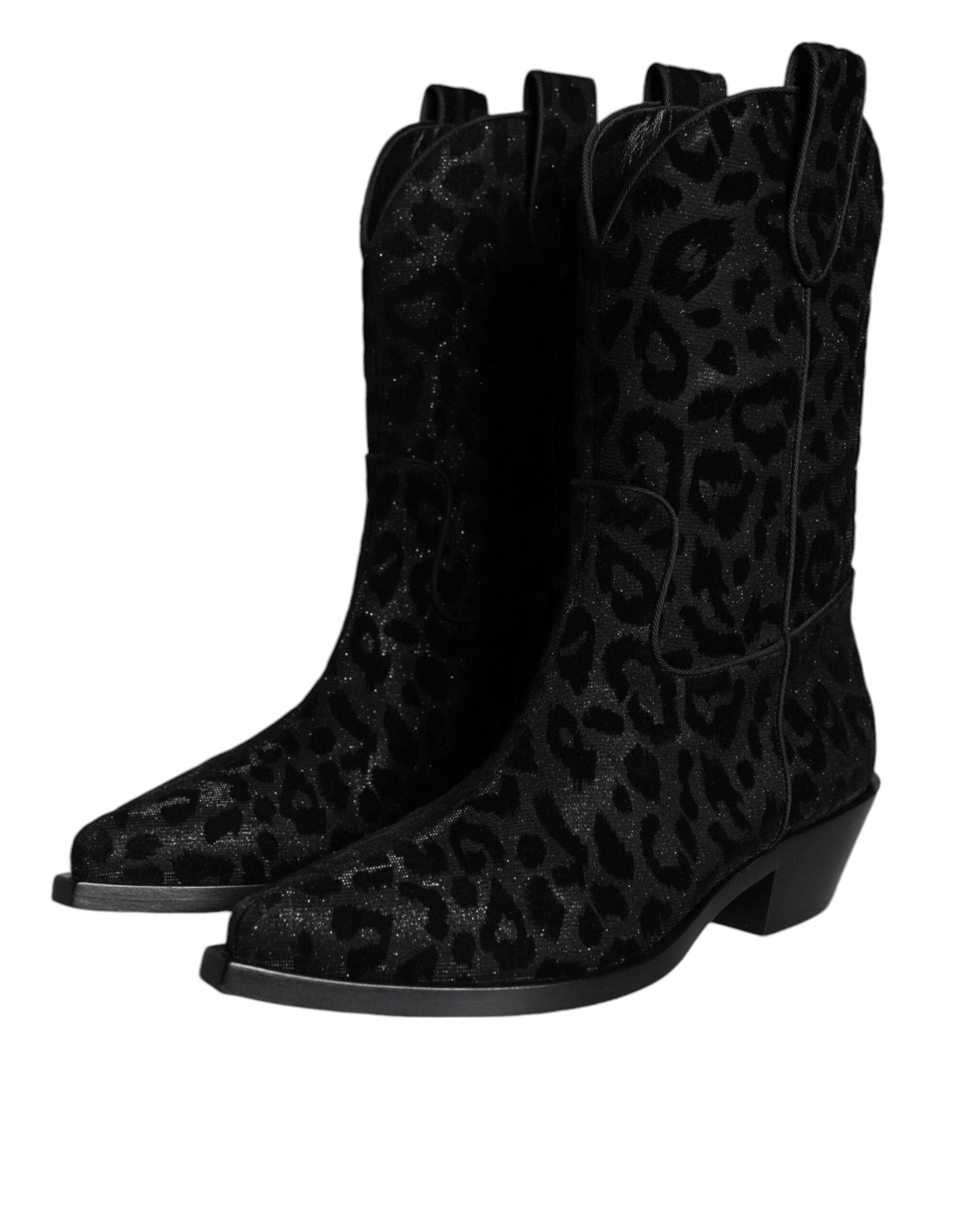 Dolce & Gabbana Black Gray Leopard Cowboy Boots Shoes - Hilstor