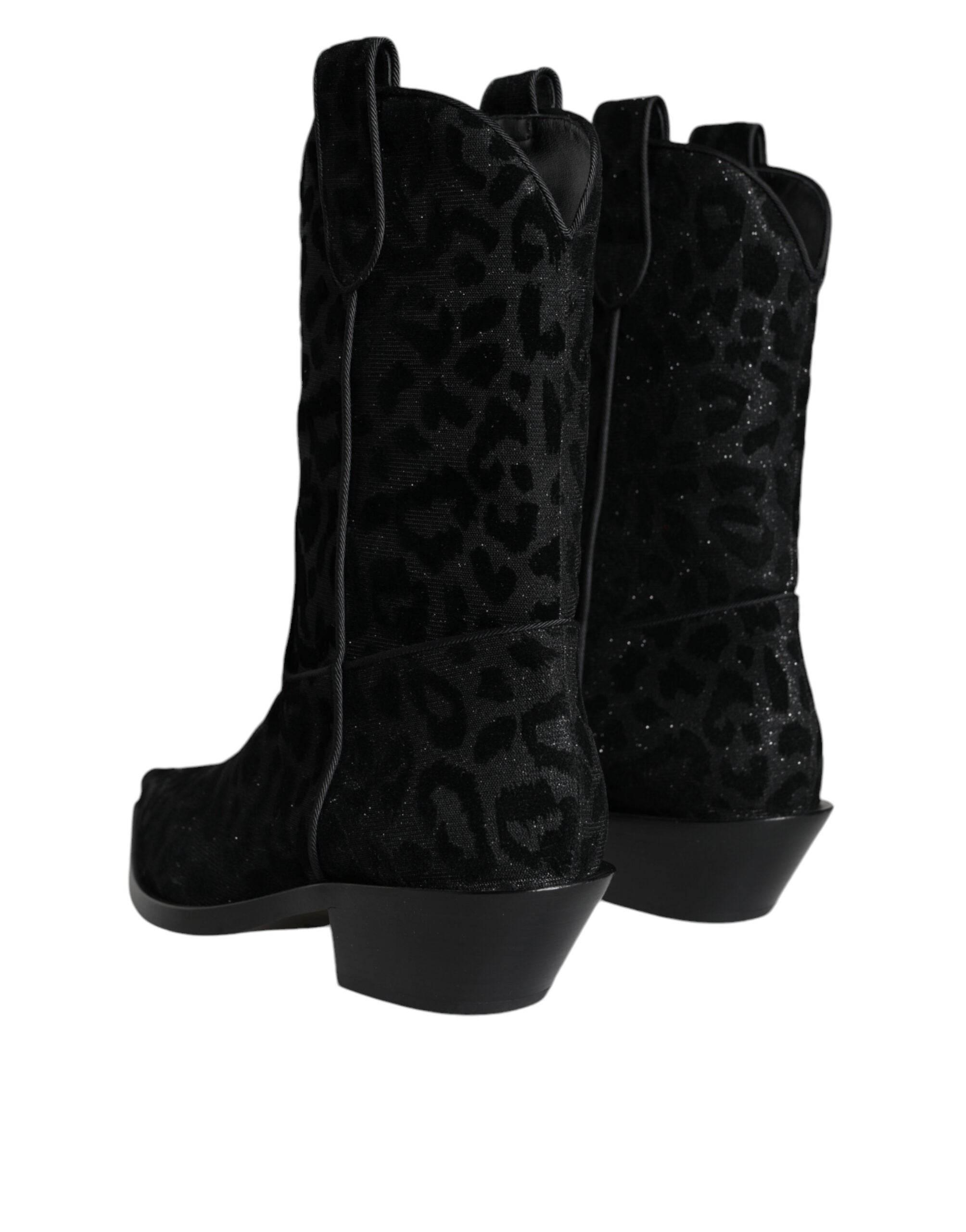 Dolce & Gabbana Black Gray Leopard Cowboy Boots Shoes - Hilstor