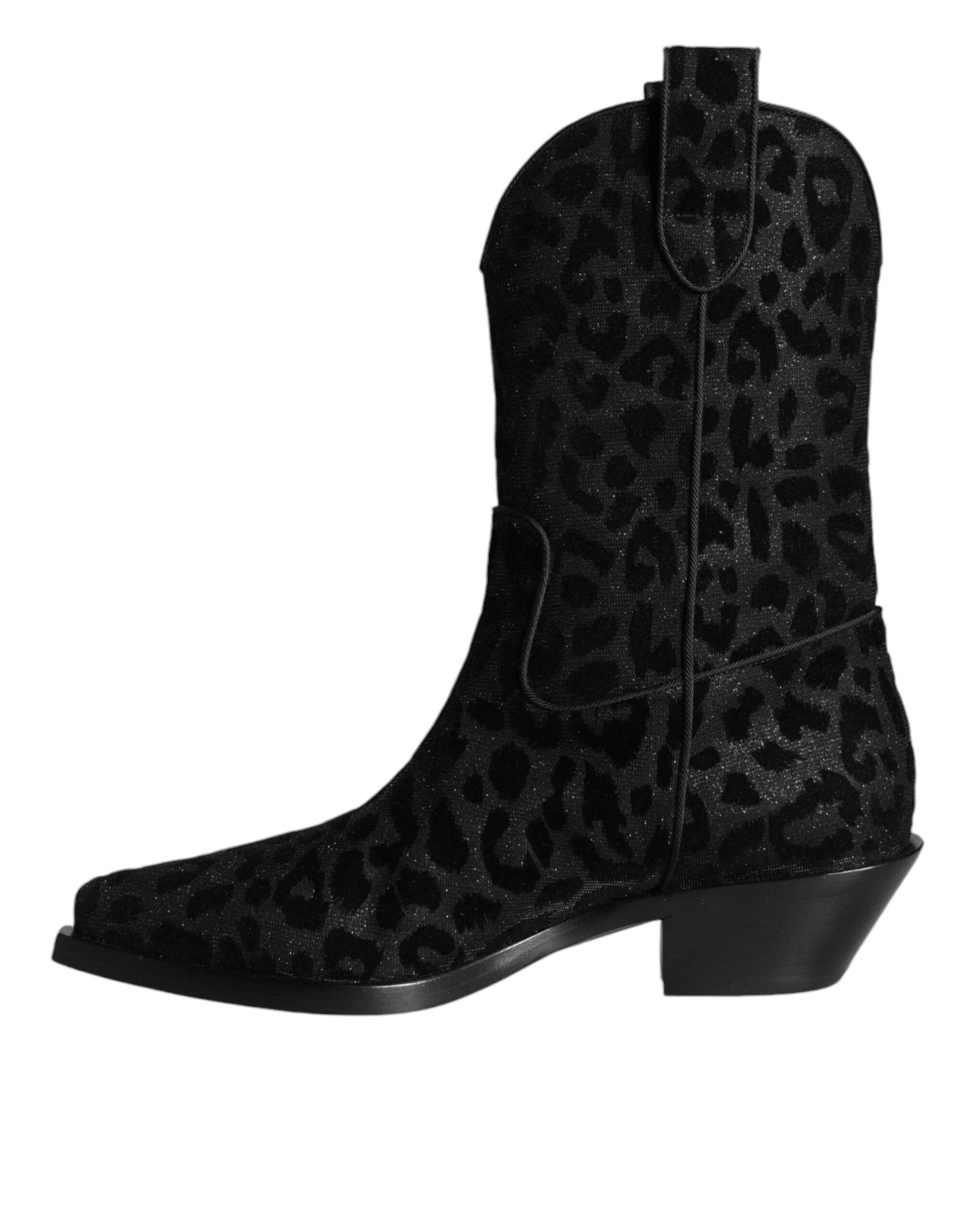 Dolce & Gabbana Black Gray Leopard Cowboy Boots Shoes - Hilstor