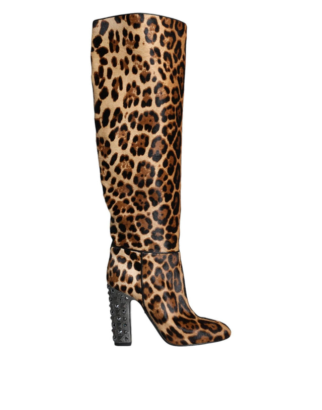 Dolce & Gabbana Beige Black Leopard Knee High Boots Shoes - Hilstor
