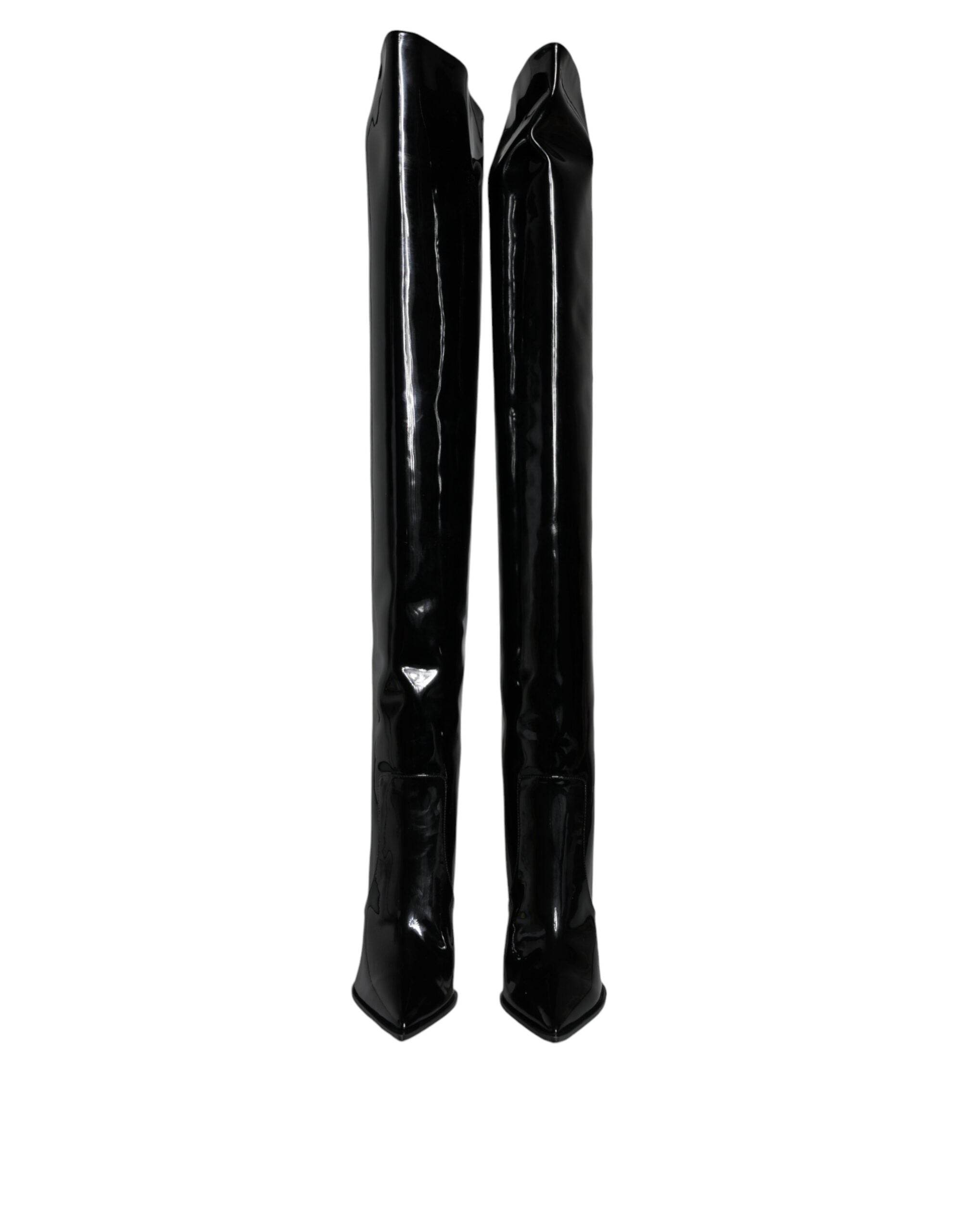 Dolce & Gabbana Black Patent Leather Knee High Boots Shoes - Hilstor
