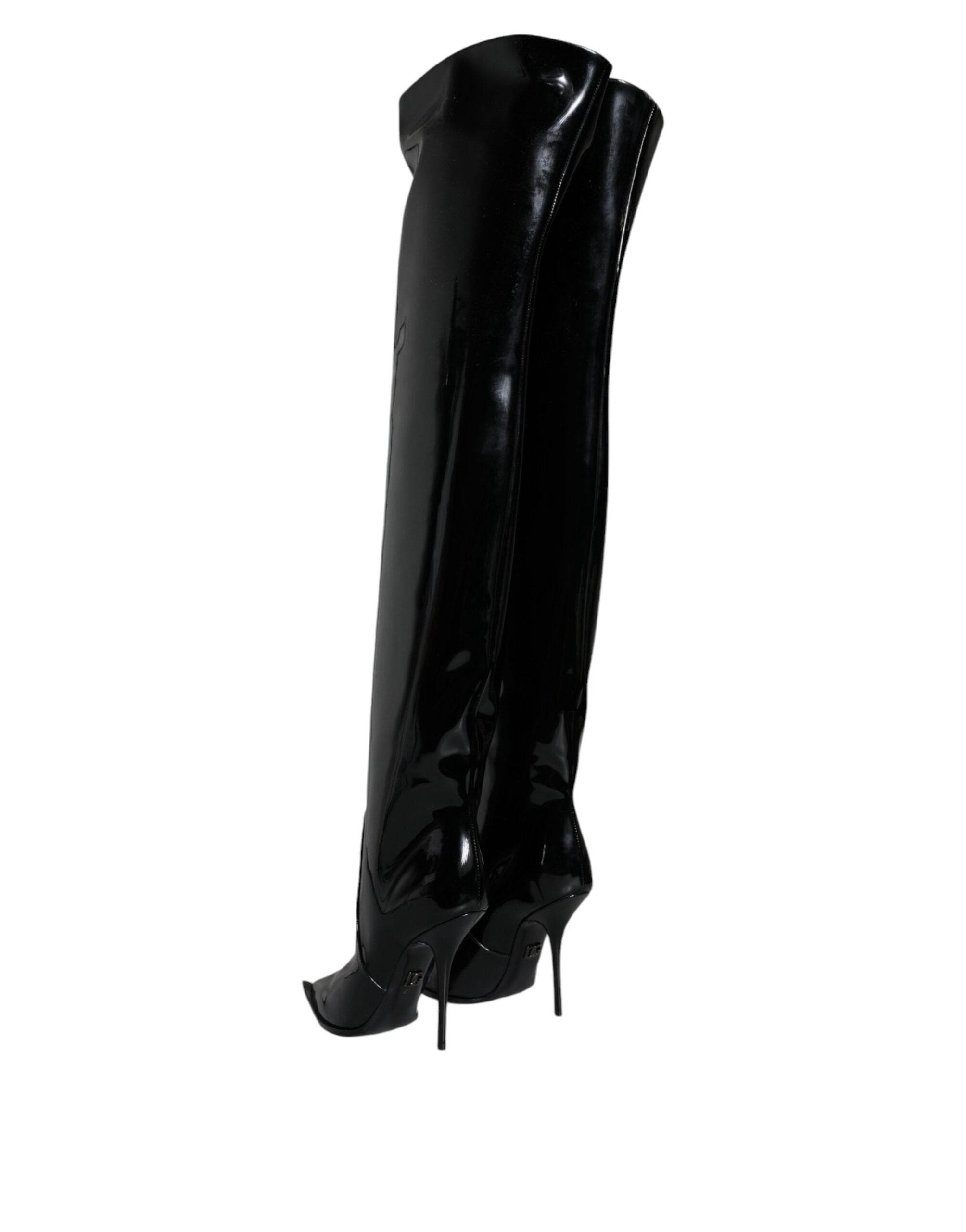 Dolce & Gabbana Black Patent Leather Knee High Boots Shoes - Hilstor