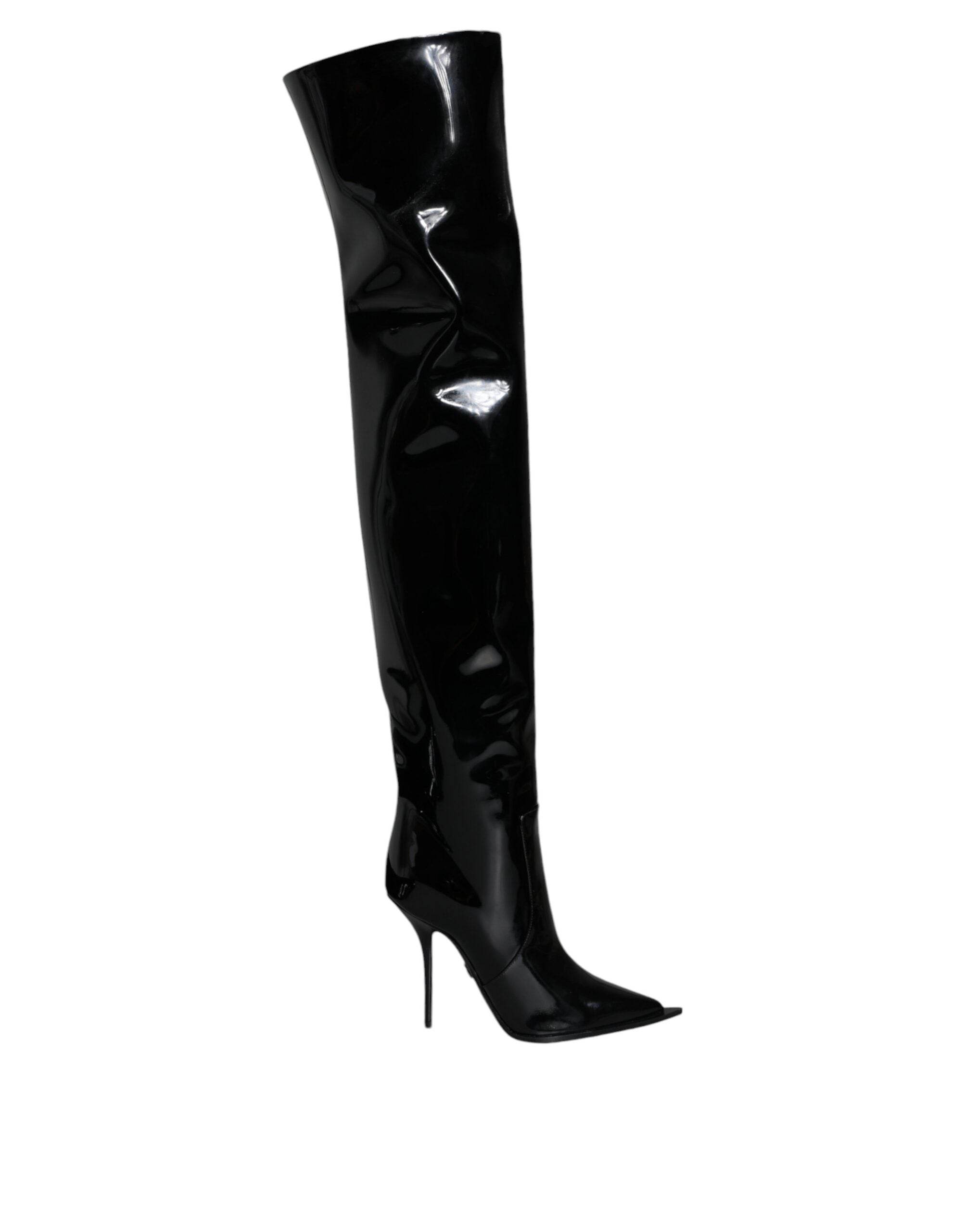 Dolce & Gabbana Black Patent Leather Knee High Boots Shoes - Hilstor