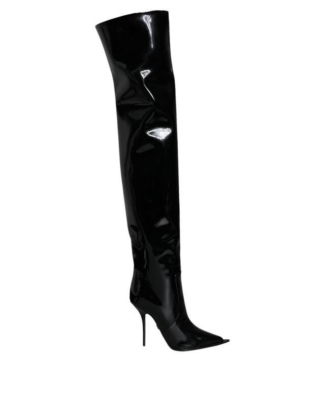 Dolce & Gabbana Black Patent Leather Knee High Boots Shoes - Hilstor