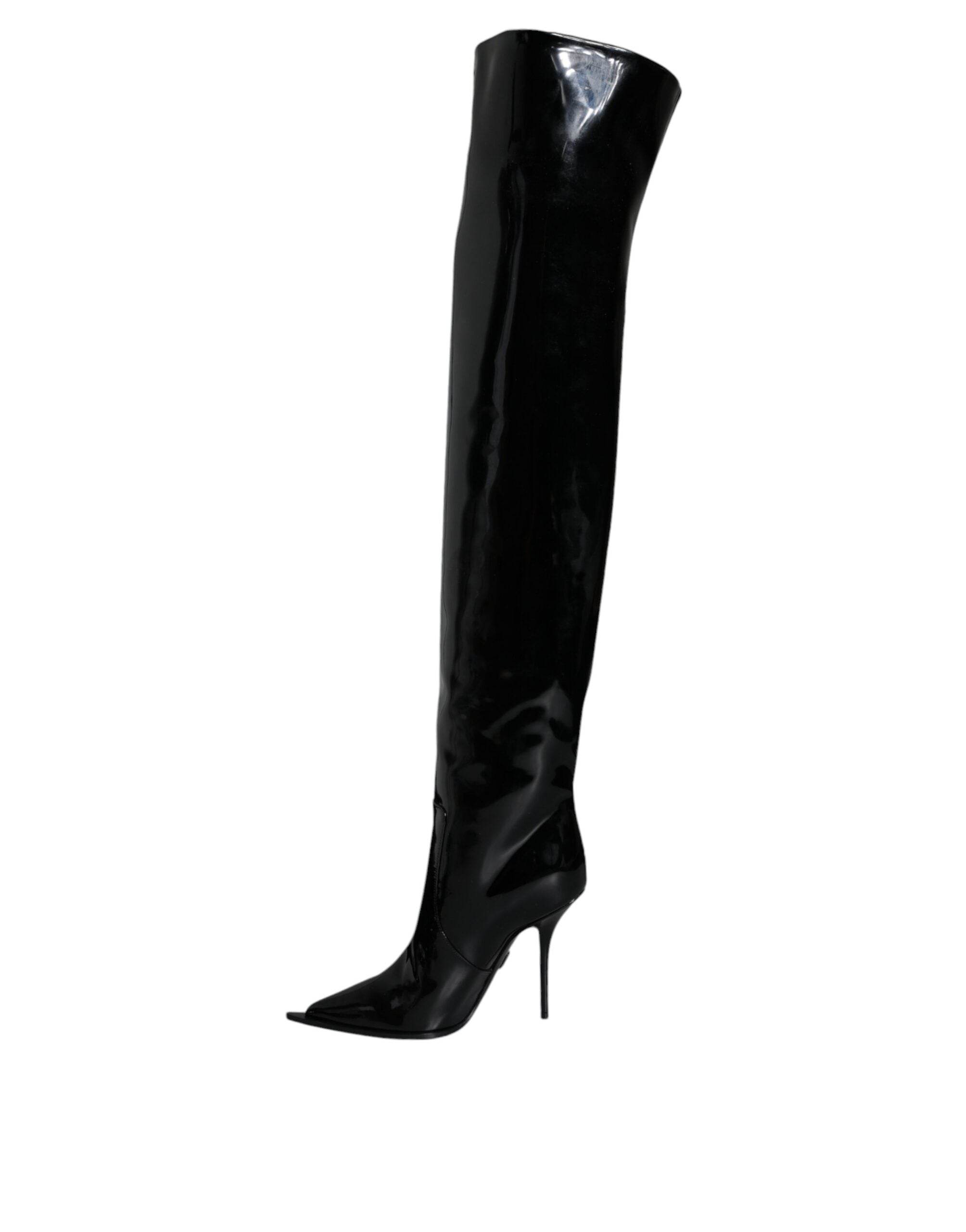 Dolce & Gabbana Black Patent Leather Knee High Boots Shoes - Hilstor