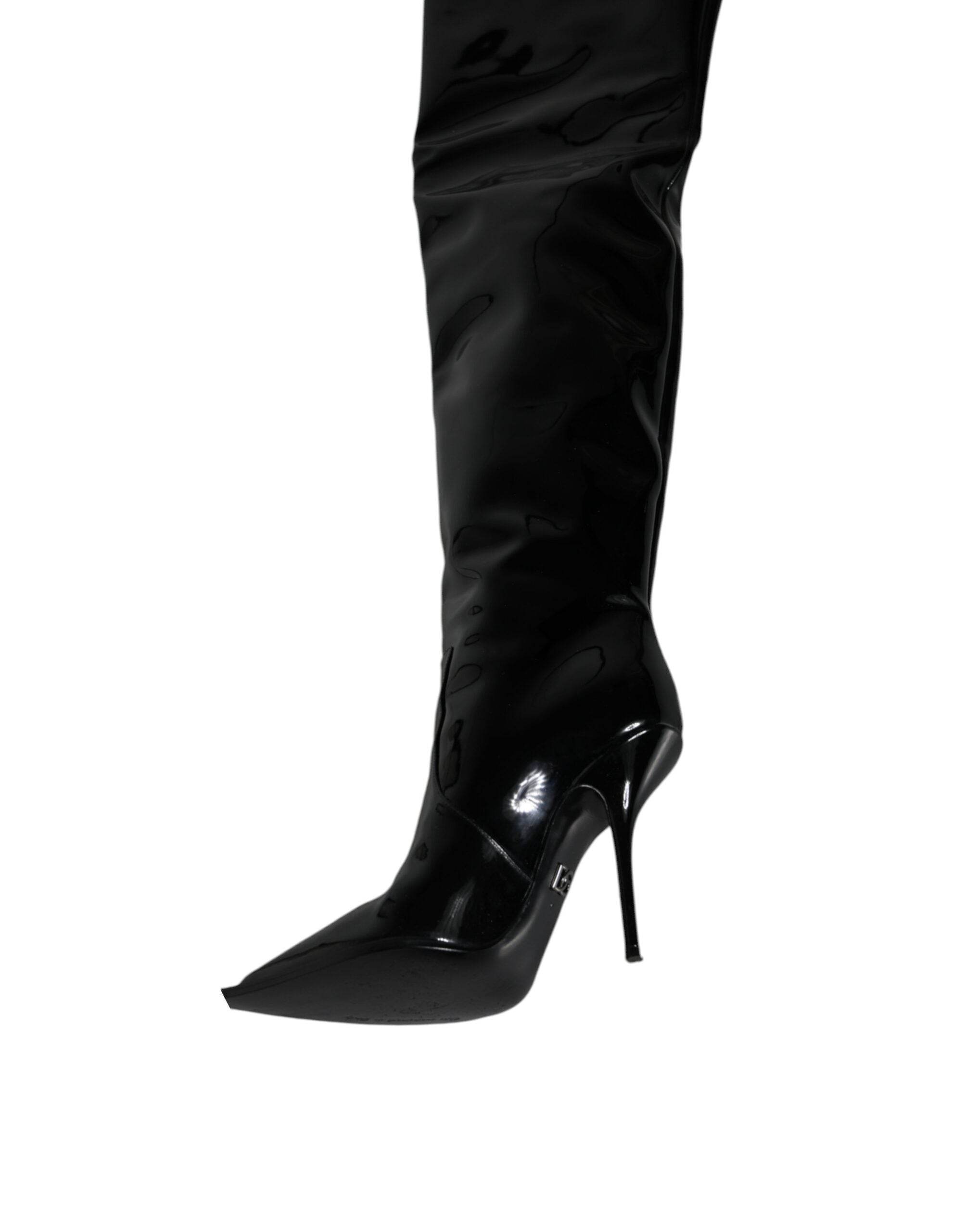 Dolce & Gabbana Black Patent Leather Knee High Boots Shoes - Hilstor