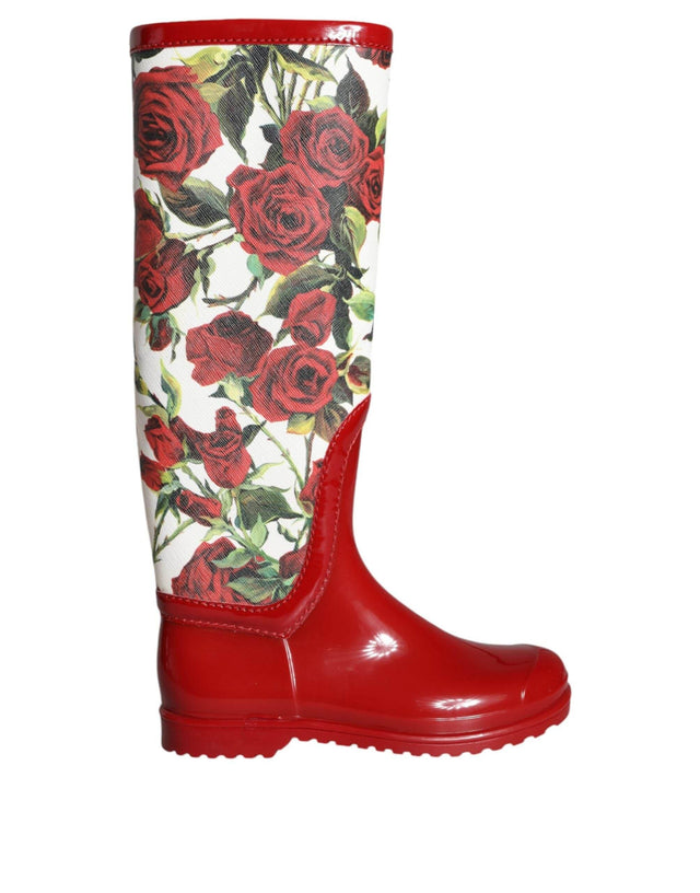 Dolce & Gabbana Red Floral Rubber Knee High Flat Boots Shoes - Hilstor