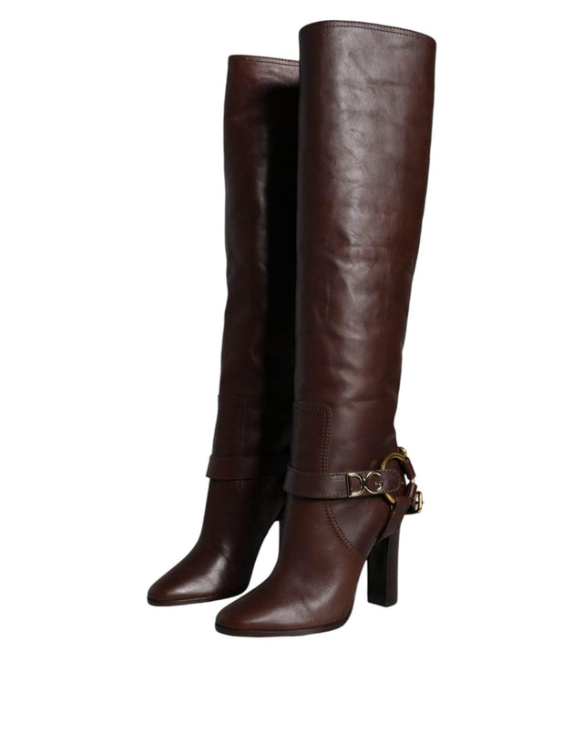 Dolce & Gabbana Brown Leather Gold Tone Logo High Boots Shoes - Hilstor