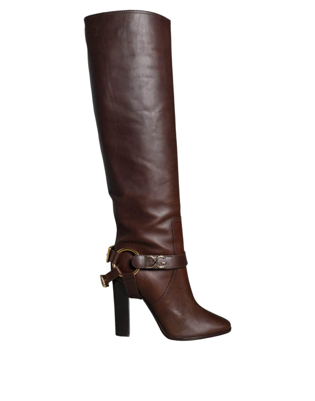 Dolce & Gabbana Brown Leather Gold Tone Logo High Boots Shoes - Hilstor