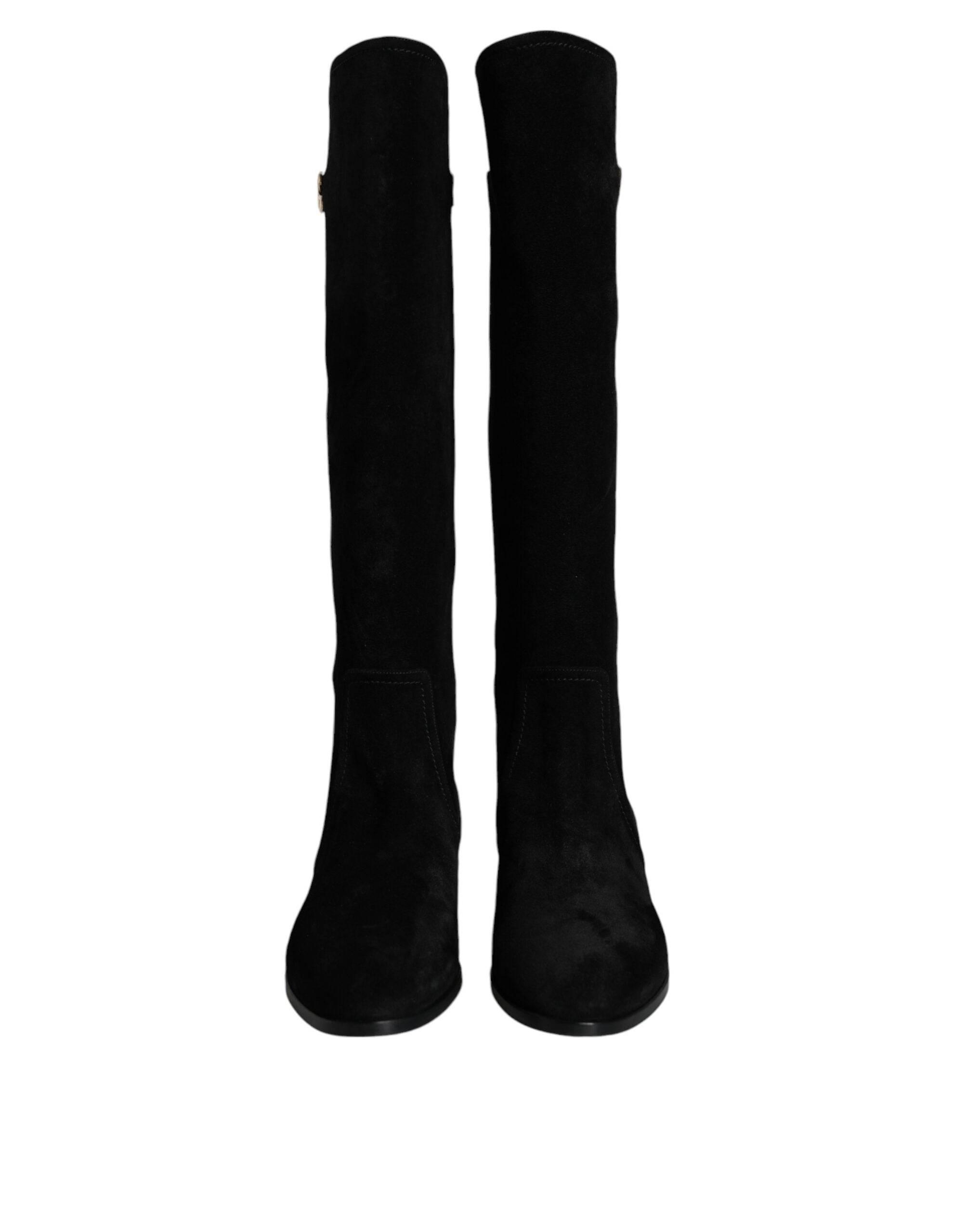 Dolce & Gabbana Black Suede Leather Knee High Boots Shoes - Hilstor