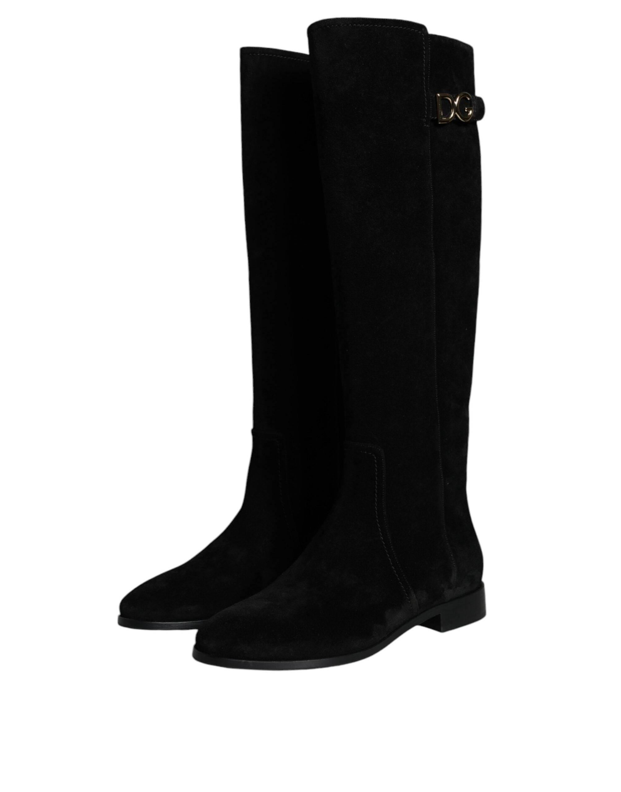 Dolce & Gabbana Black Suede Leather Knee High Boots Shoes - Hilstor