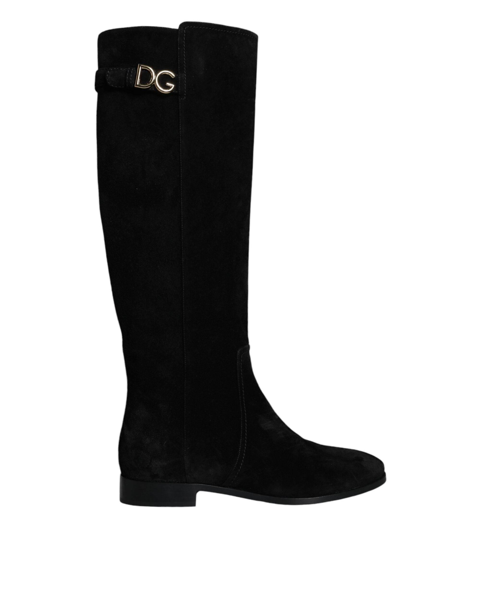 Dolce & Gabbana Black Suede Leather Knee High Boots Shoes - Hilstor