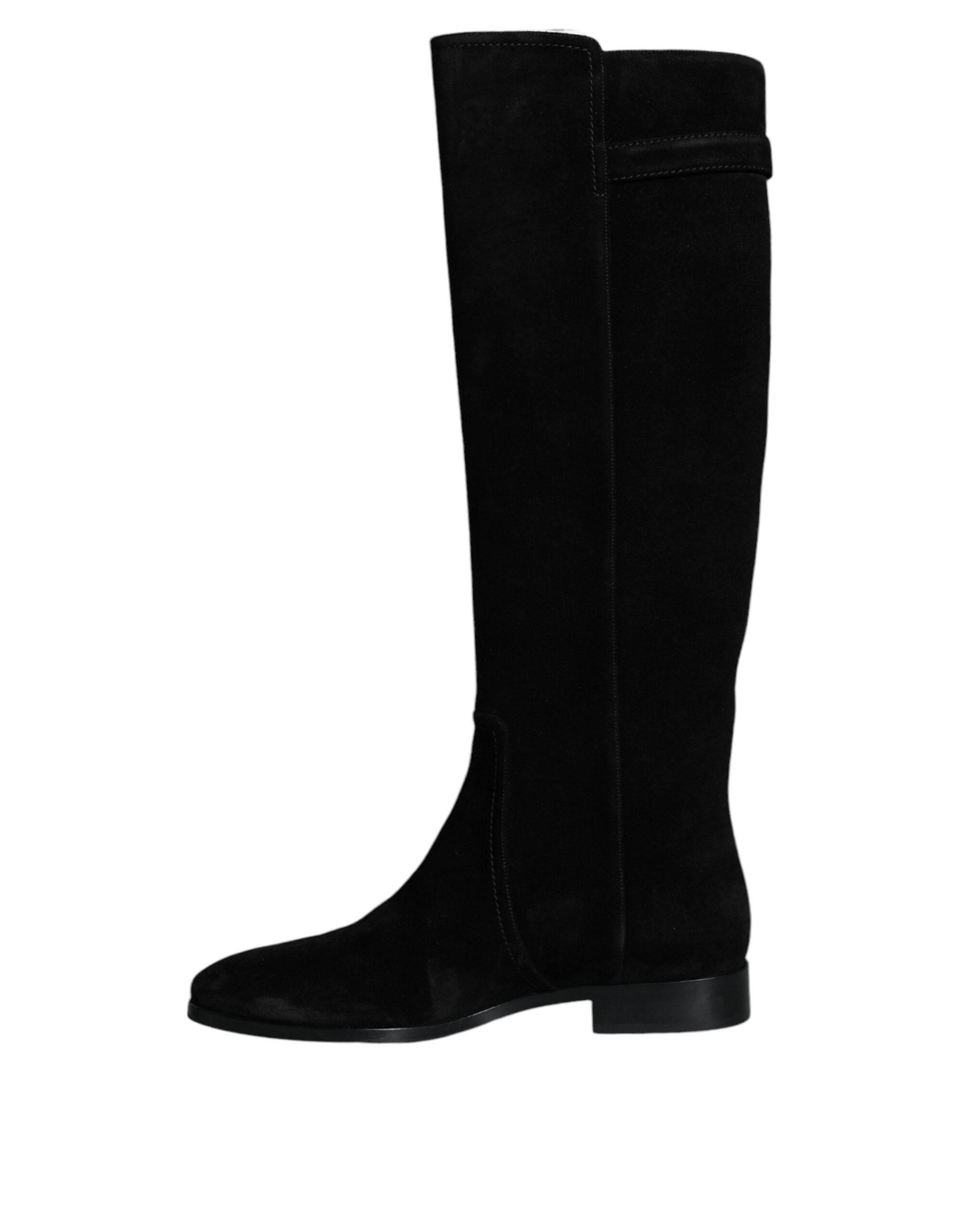 Dolce & Gabbana Black Suede Leather Knee High Boots Shoes - Hilstor