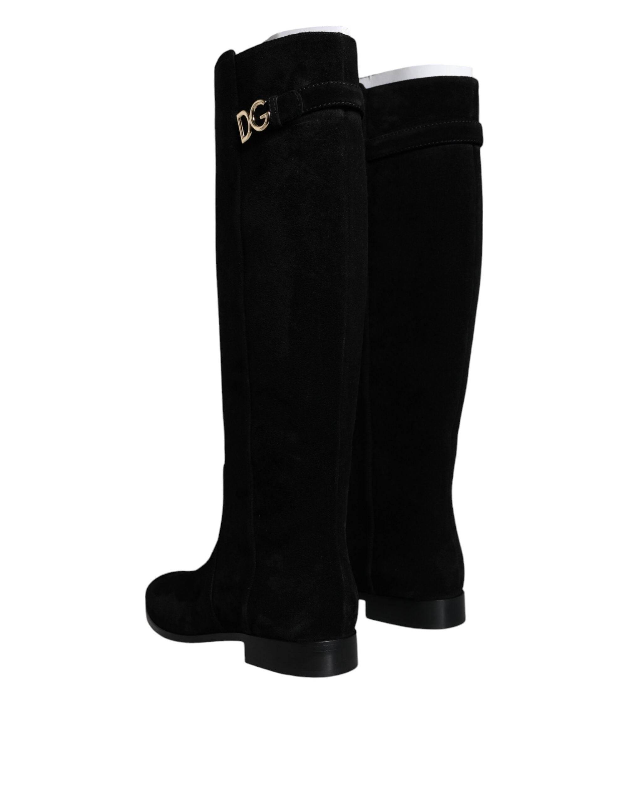 Dolce & Gabbana Black Suede Leather Knee High Boots Shoes - Hilstor
