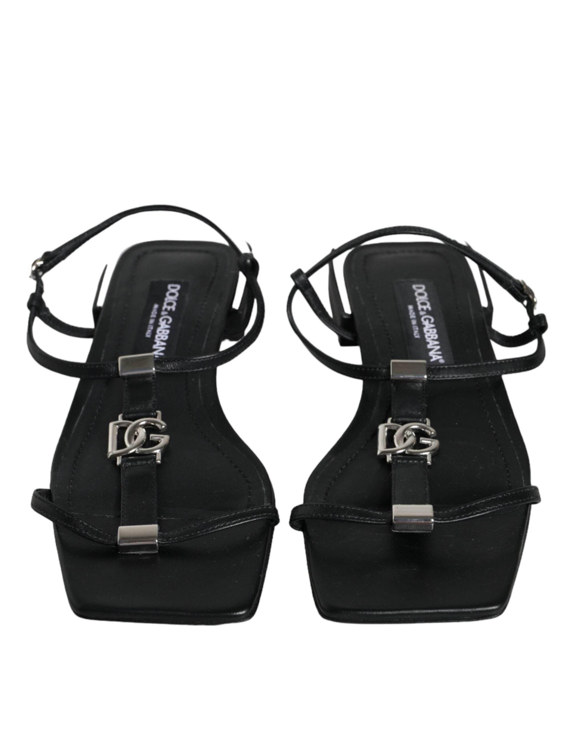 Dolce & Gabbana Black Leather Logo Ankle Strap Keira Sandals Shoes - Hilstor