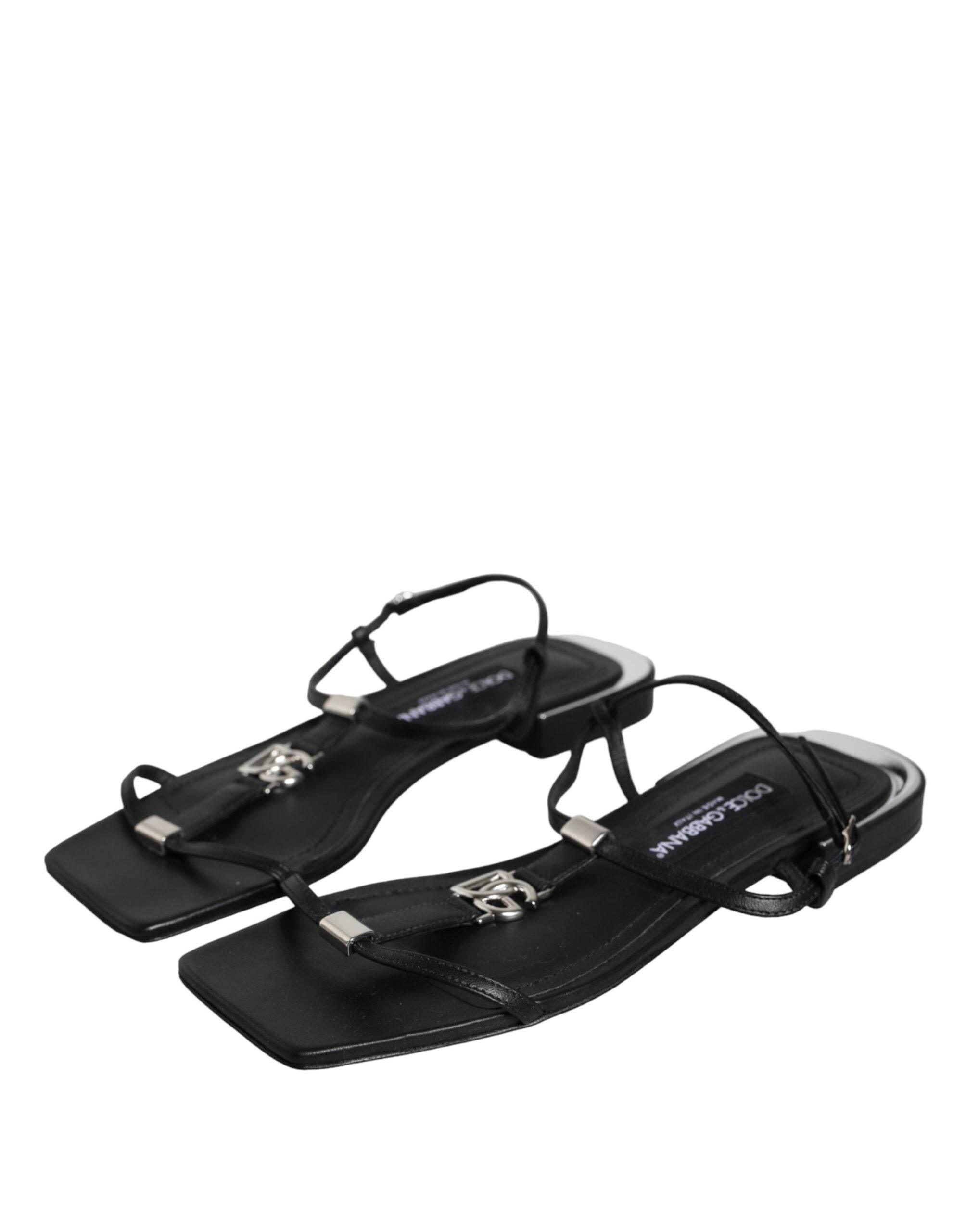 Dolce & Gabbana Black Leather Logo Ankle Strap Keira Sandals Shoes - Hilstor