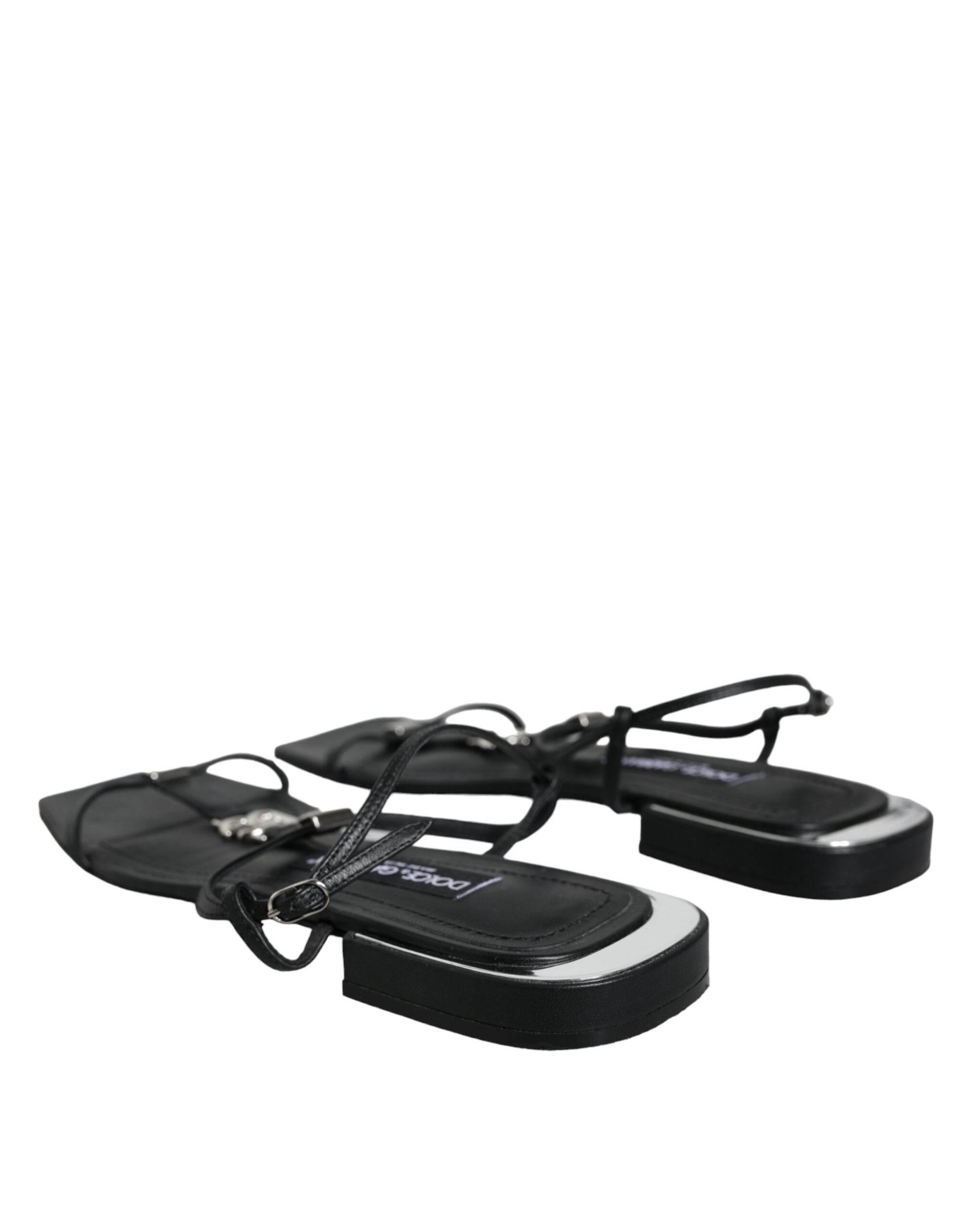 Dolce & Gabbana Black Leather Logo Ankle Strap Keira Sandals Shoes - Hilstor