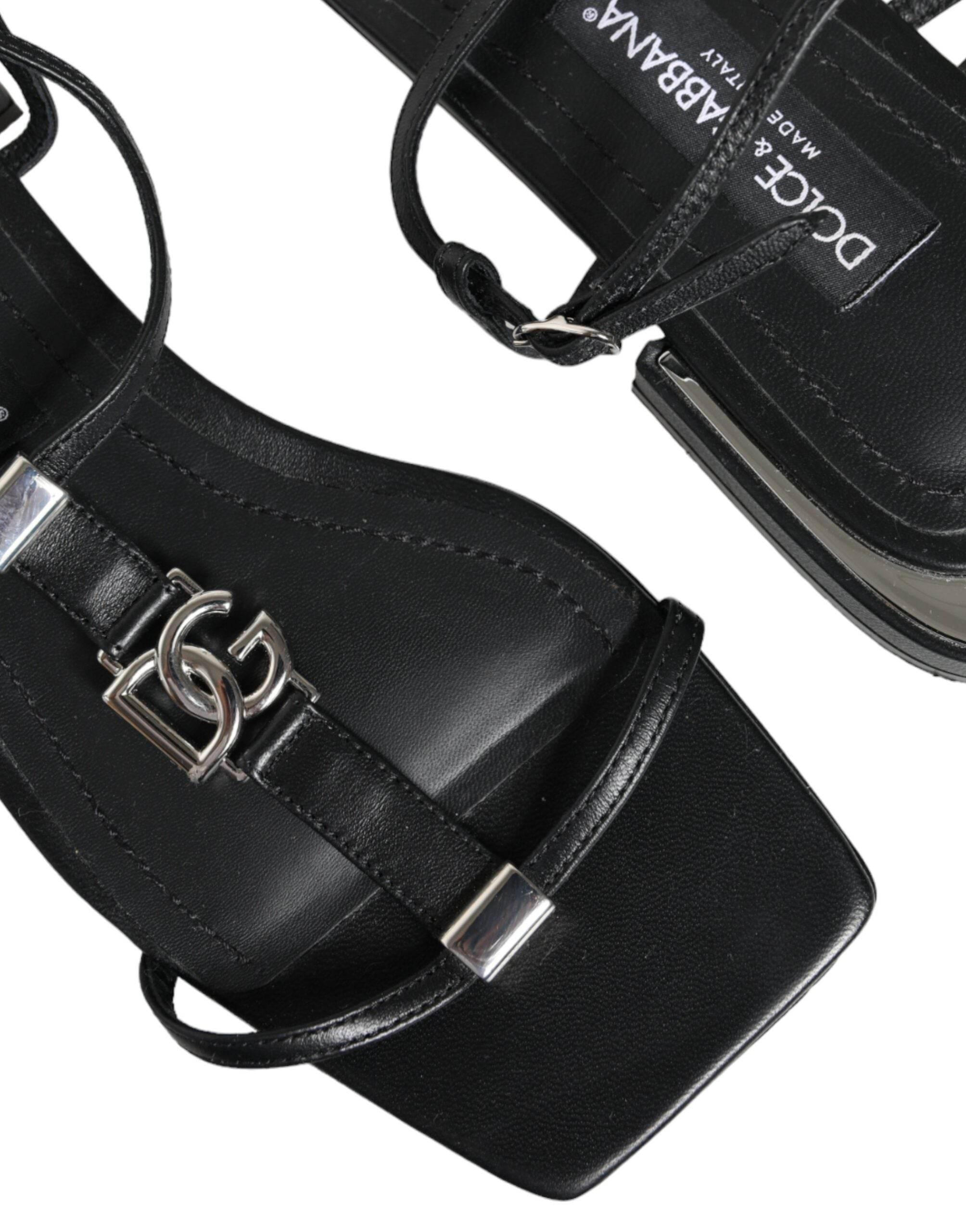 Dolce & Gabbana Black Leather Logo Ankle Strap Keira Sandals Shoes - Hilstor