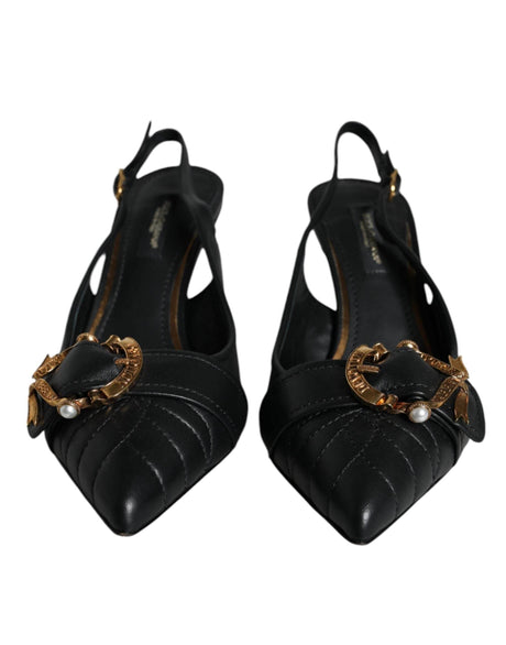 Dolce & Gabbana Black Devotion Leather Heels Slingback Shoes - Hilstor