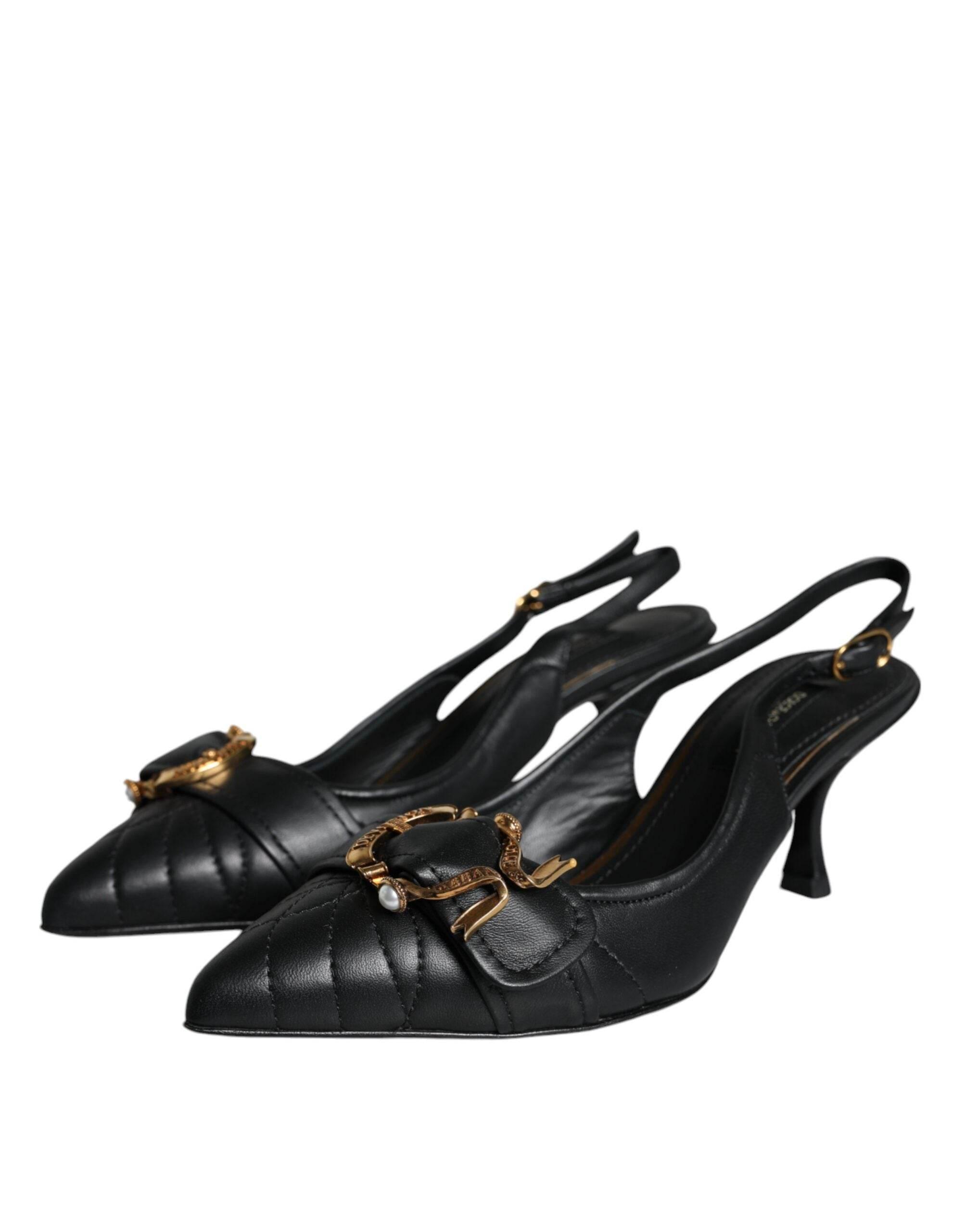 Dolce & Gabbana Black Devotion Leather Heels Slingback Shoes - Hilstor