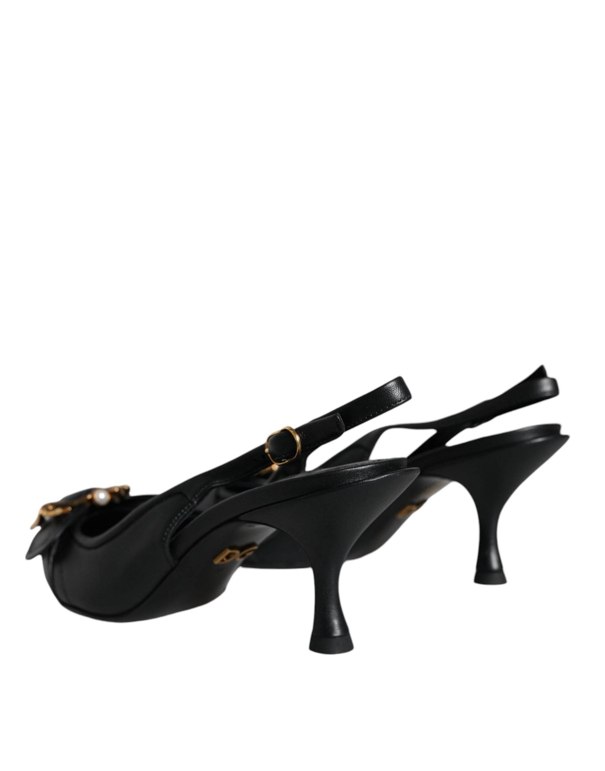 Dolce & Gabbana Black Devotion Leather Heels Slingback Shoes - Hilstor