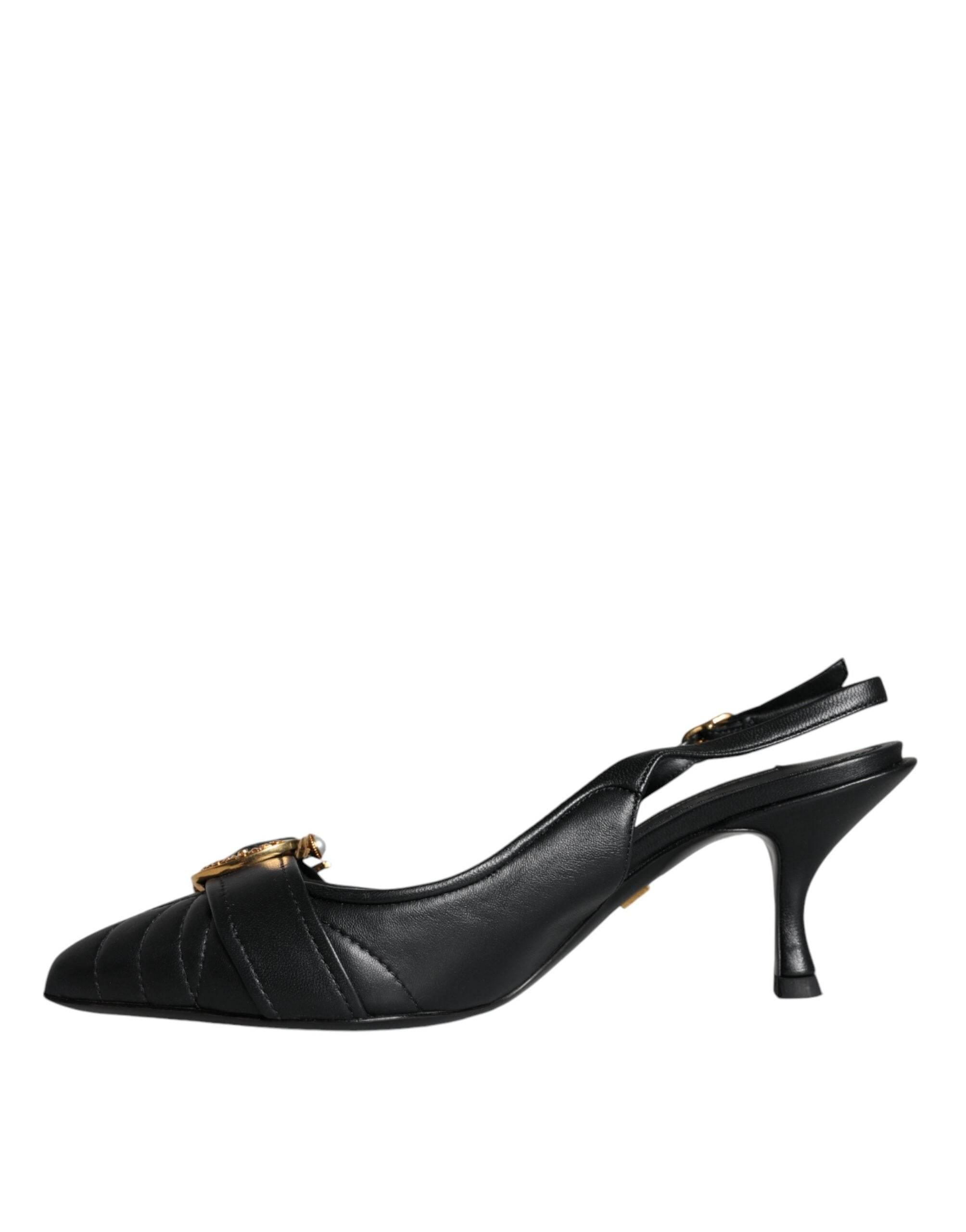 Dolce & Gabbana Black Devotion Leather Heels Slingback Shoes - Hilstor