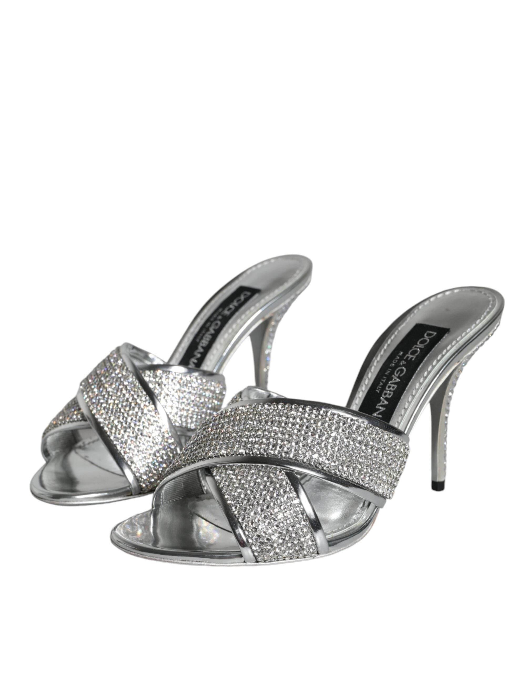 Dolce & Gabbana Silver Crystals Keira Heels Slides Shoes - Hilstor
