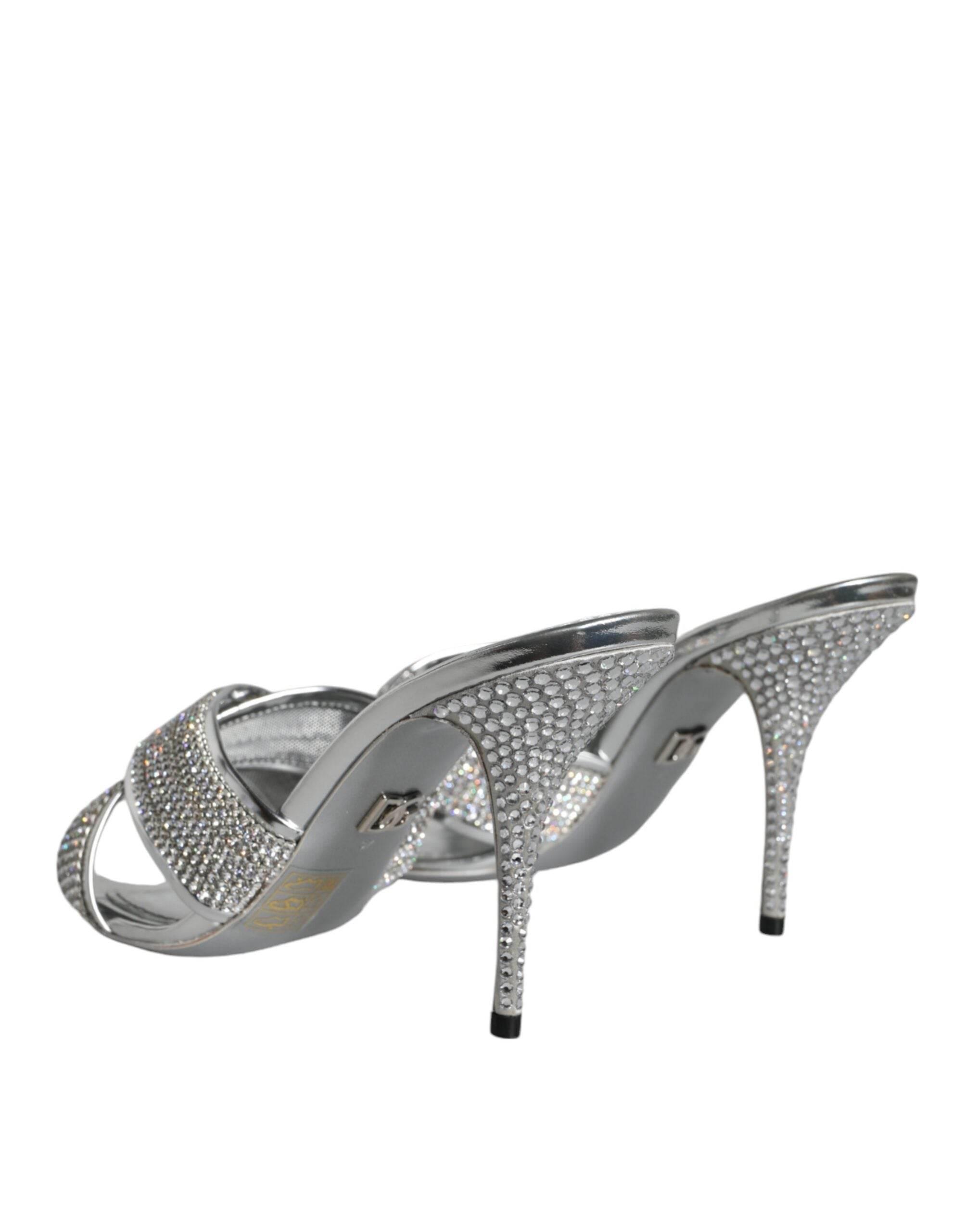 Dolce & Gabbana Silver Crystals Keira Heels Slides Shoes - Hilstor