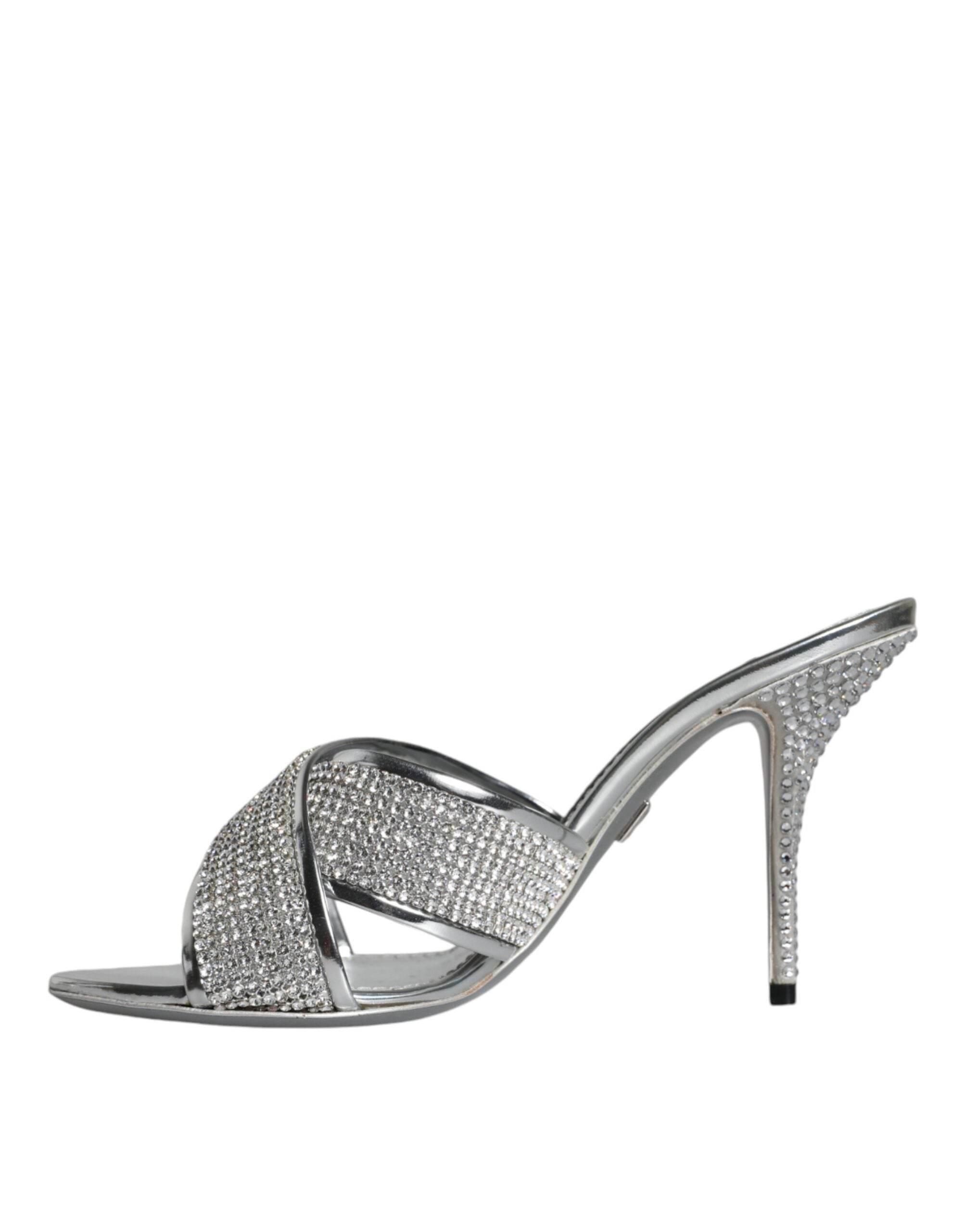 Dolce & Gabbana Silver Crystals Keira Heels Slides Shoes - Hilstor