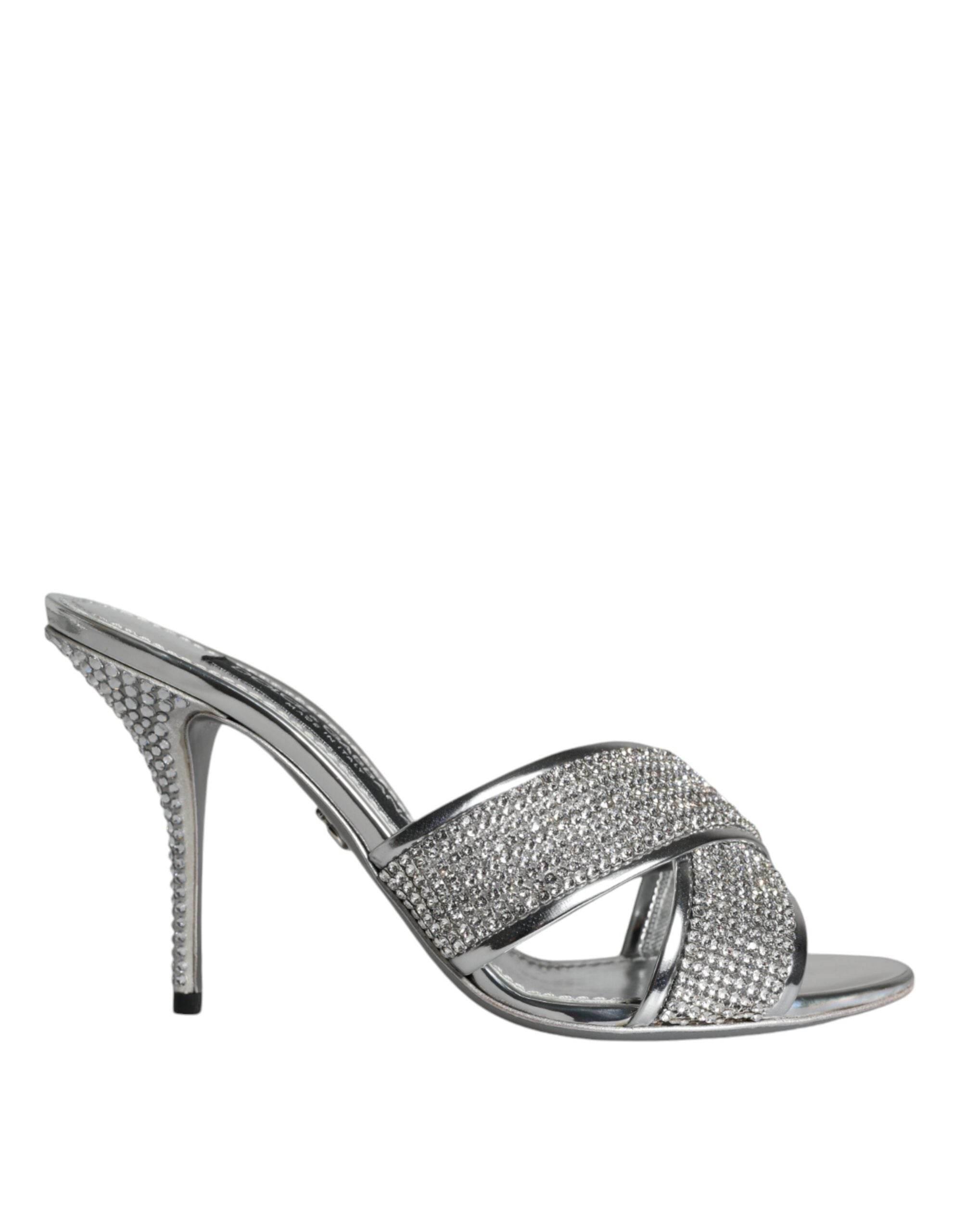 Dolce & Gabbana Silver Crystals Keira Heels Slides Shoes - Hilstor