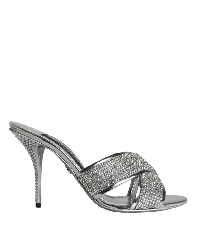 Dolce & Gabbana Silver Crystals Keira Heels Slides Shoes - Hilstor