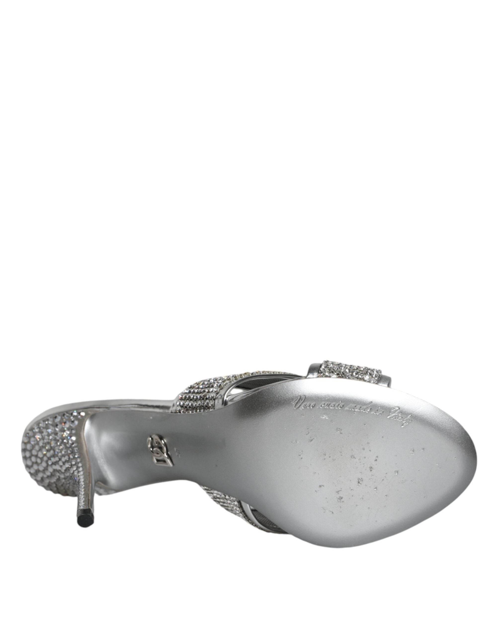 Dolce & Gabbana Silver Crystals Keira Heels Slides Shoes - Hilstor