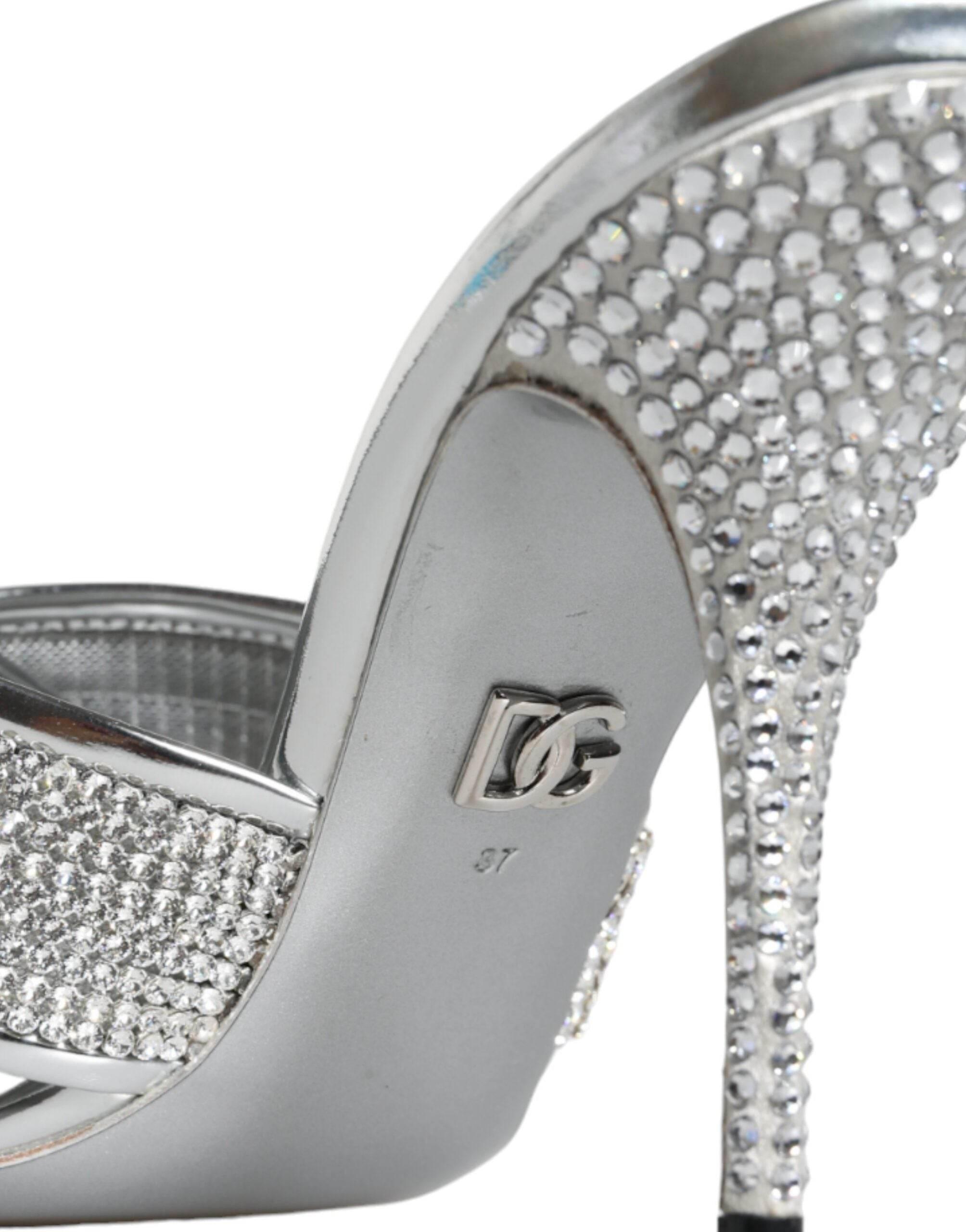 Dolce & Gabbana Silver Crystals Keira Heels Slides Shoes - Hilstor