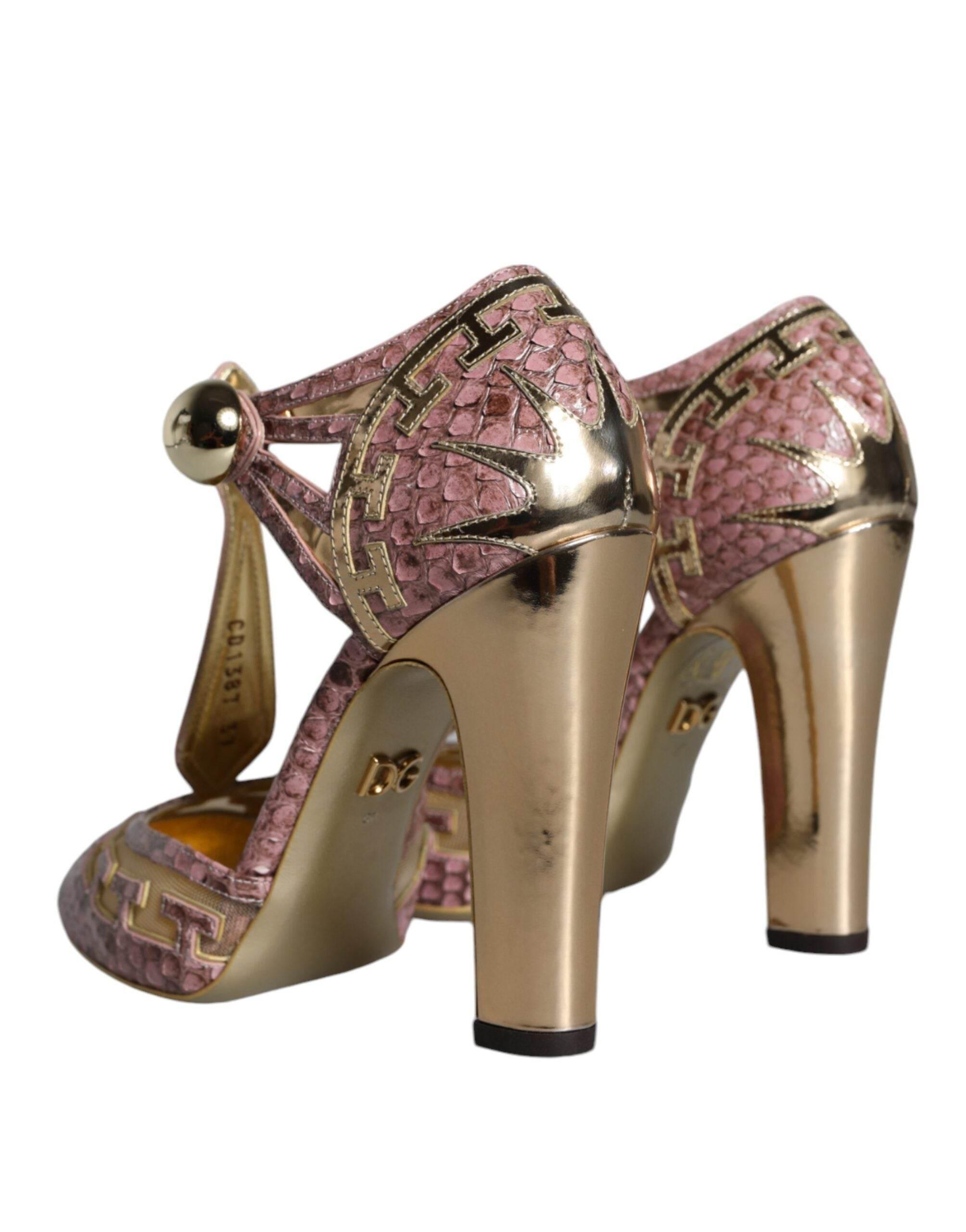 Dolce & Gabbana Pink Gold Leather Pumps T-strap Sandals Shoes - Hilstor