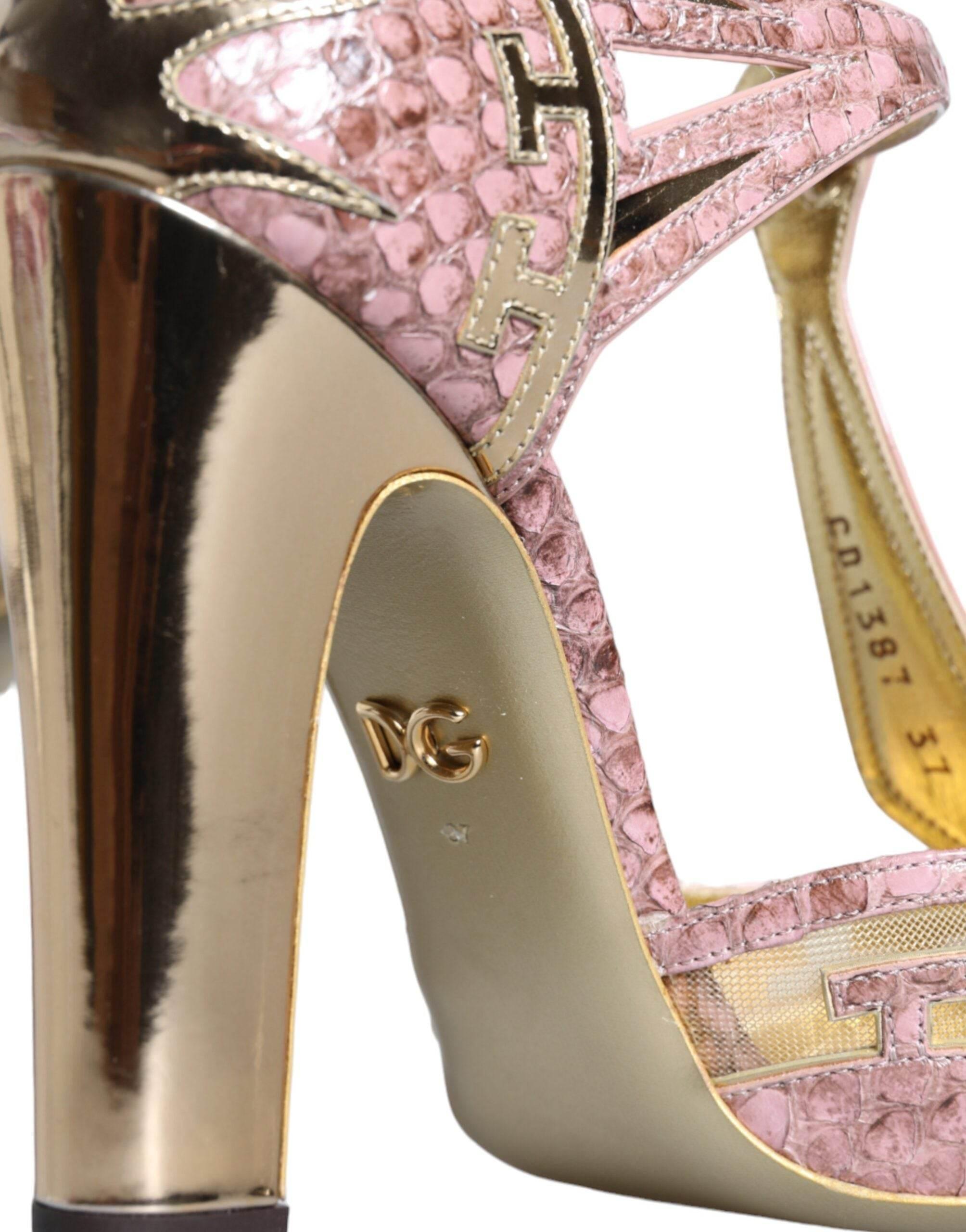 Dolce & Gabbana Pink Gold Leather Pumps T-strap Sandals Shoes - Hilstor