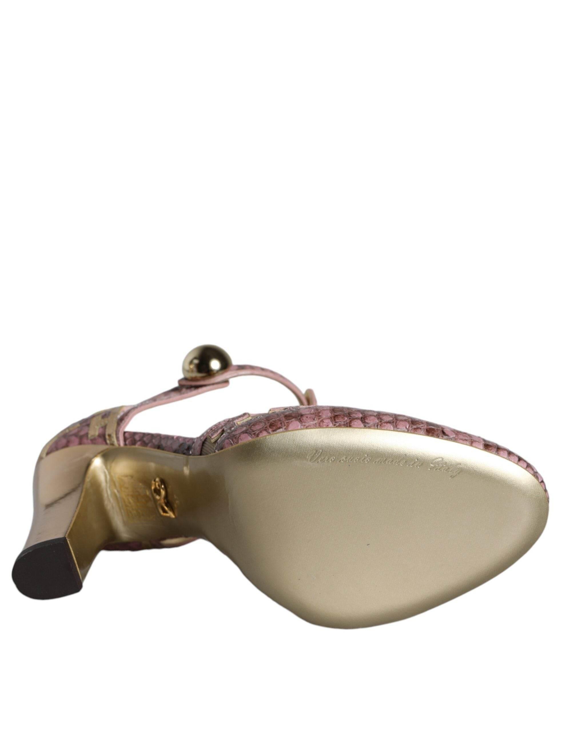 Dolce & Gabbana Pink Gold Leather Pumps T-strap Sandals Shoes - Hilstor