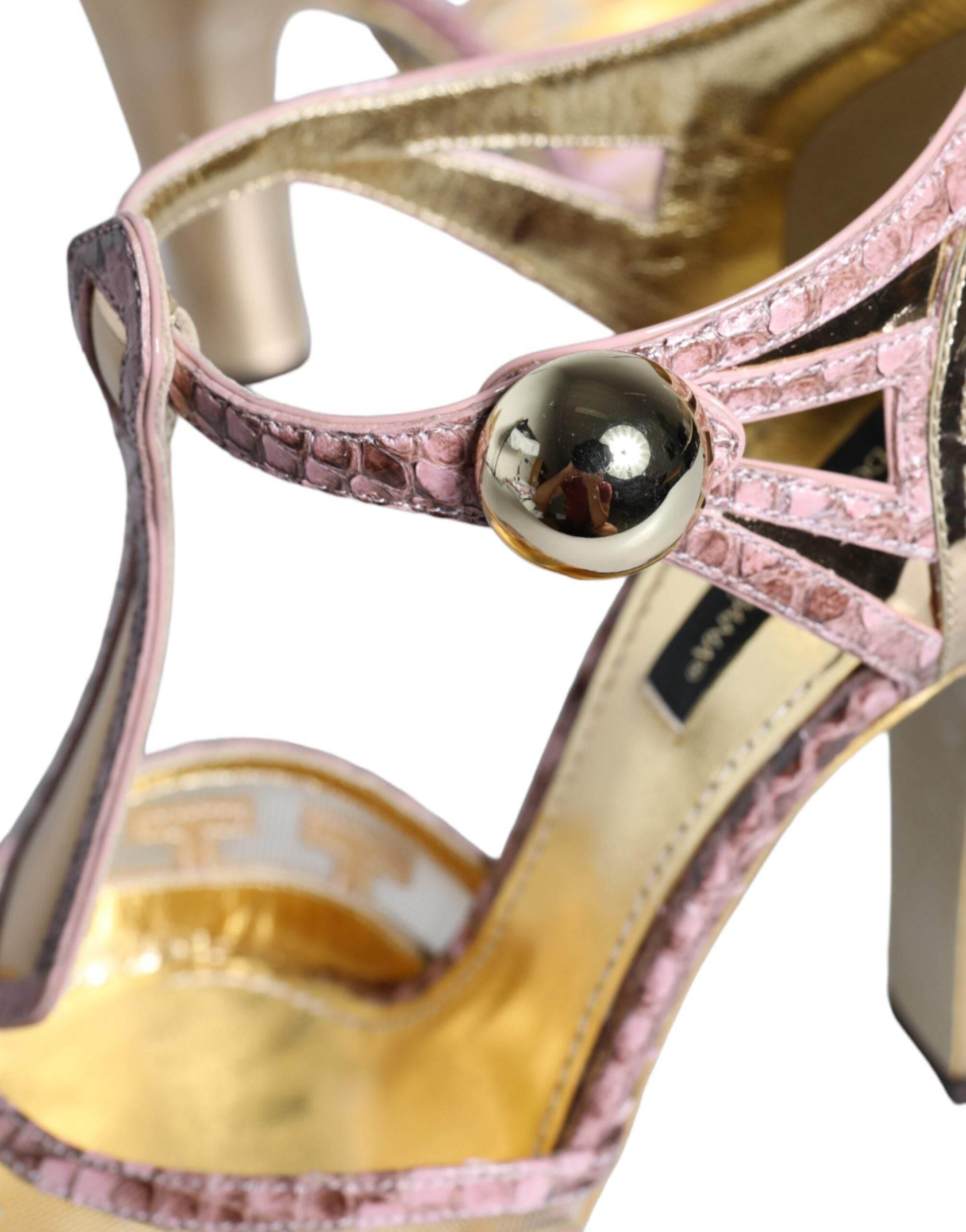 Dolce & Gabbana Pink Gold Leather Pumps T-strap Sandals Shoes - Hilstor
