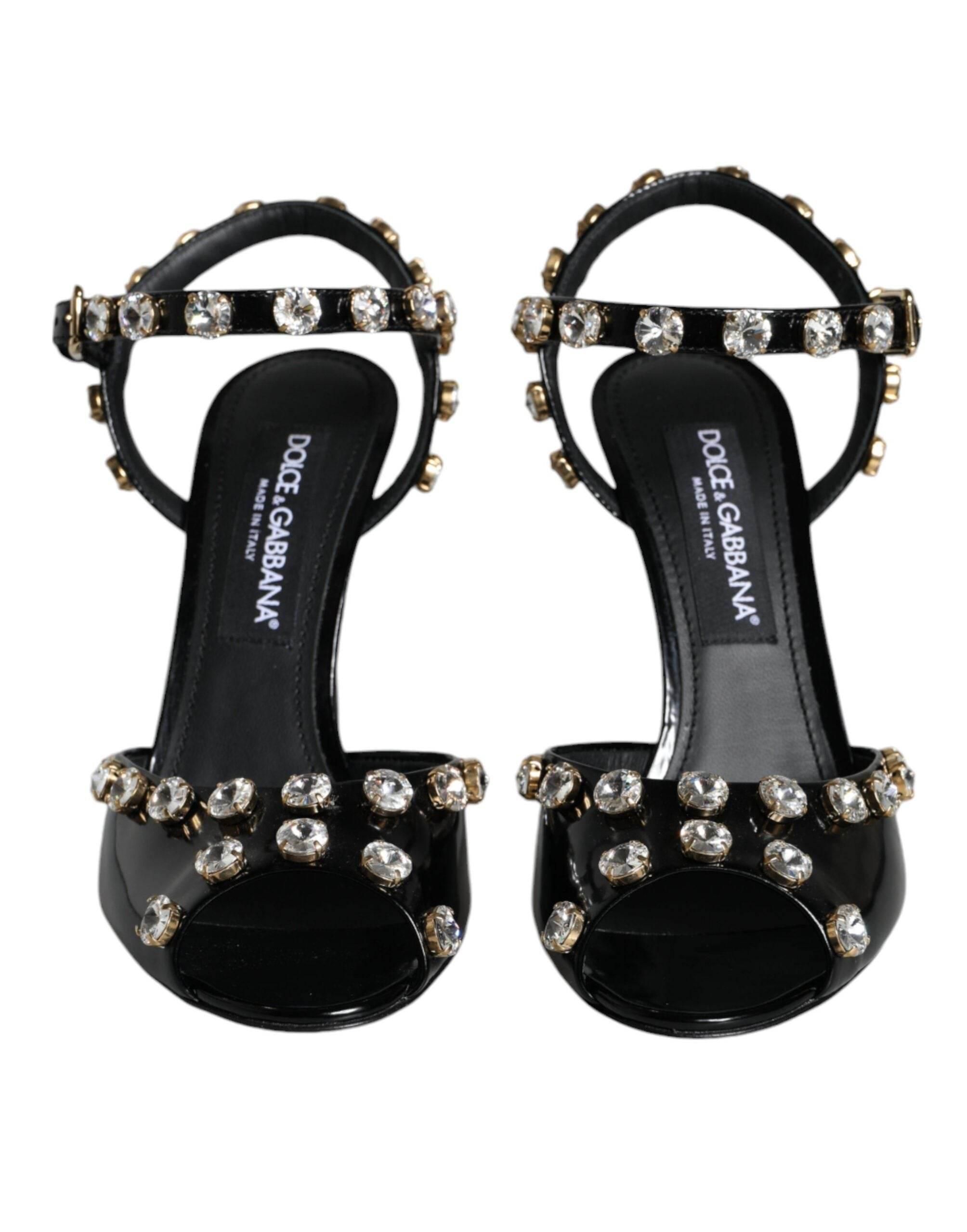 Dolce & Gabbana Black Leather Crystal Ankle Strap Sandals Shoes - Hilstor