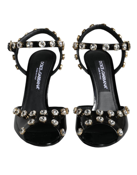 Dolce & Gabbana Black Leather Crystal Ankle Strap Sandals Shoes - Hilstor