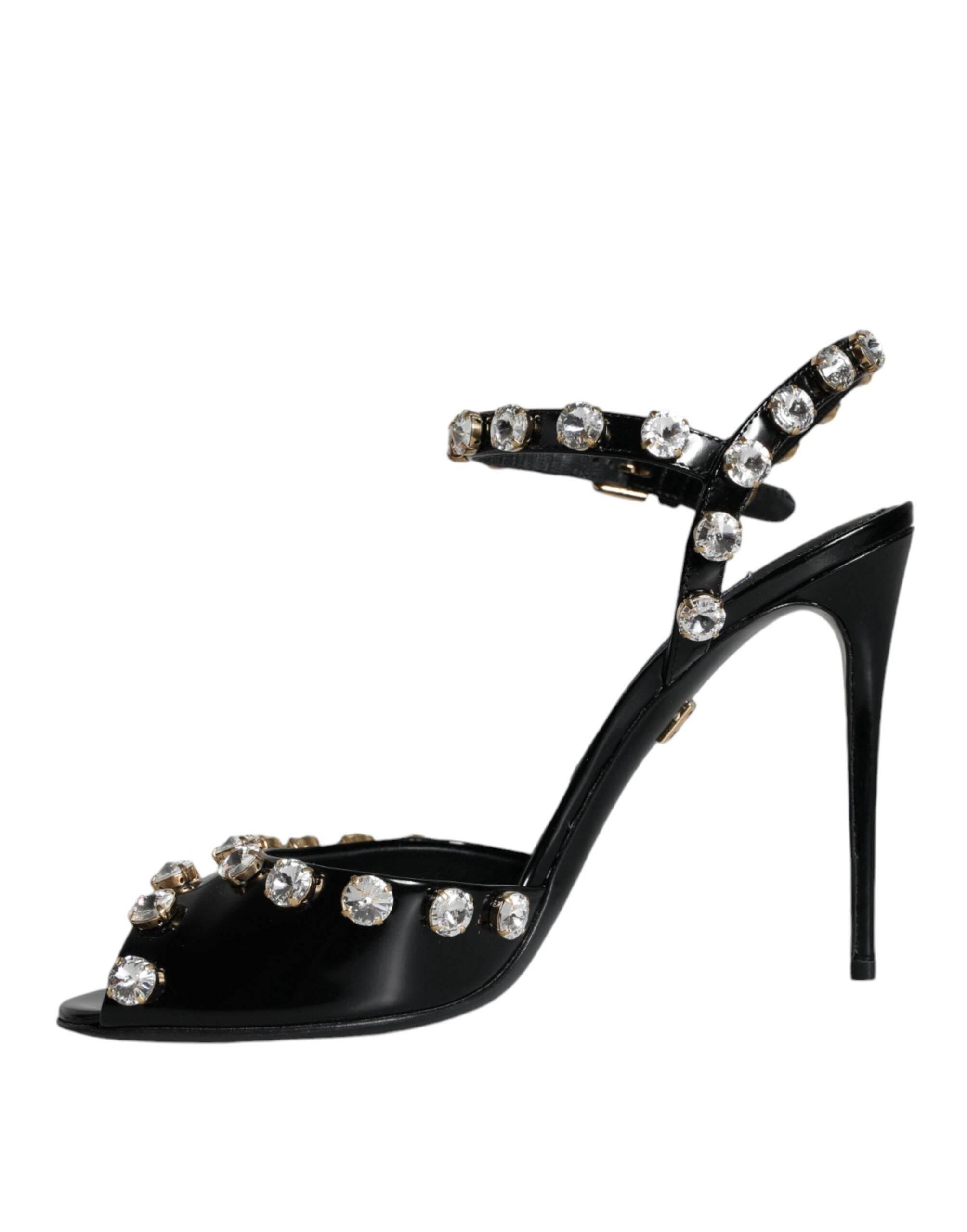Dolce & Gabbana Black Leather Crystal Ankle Strap Sandals Shoes - Hilstor