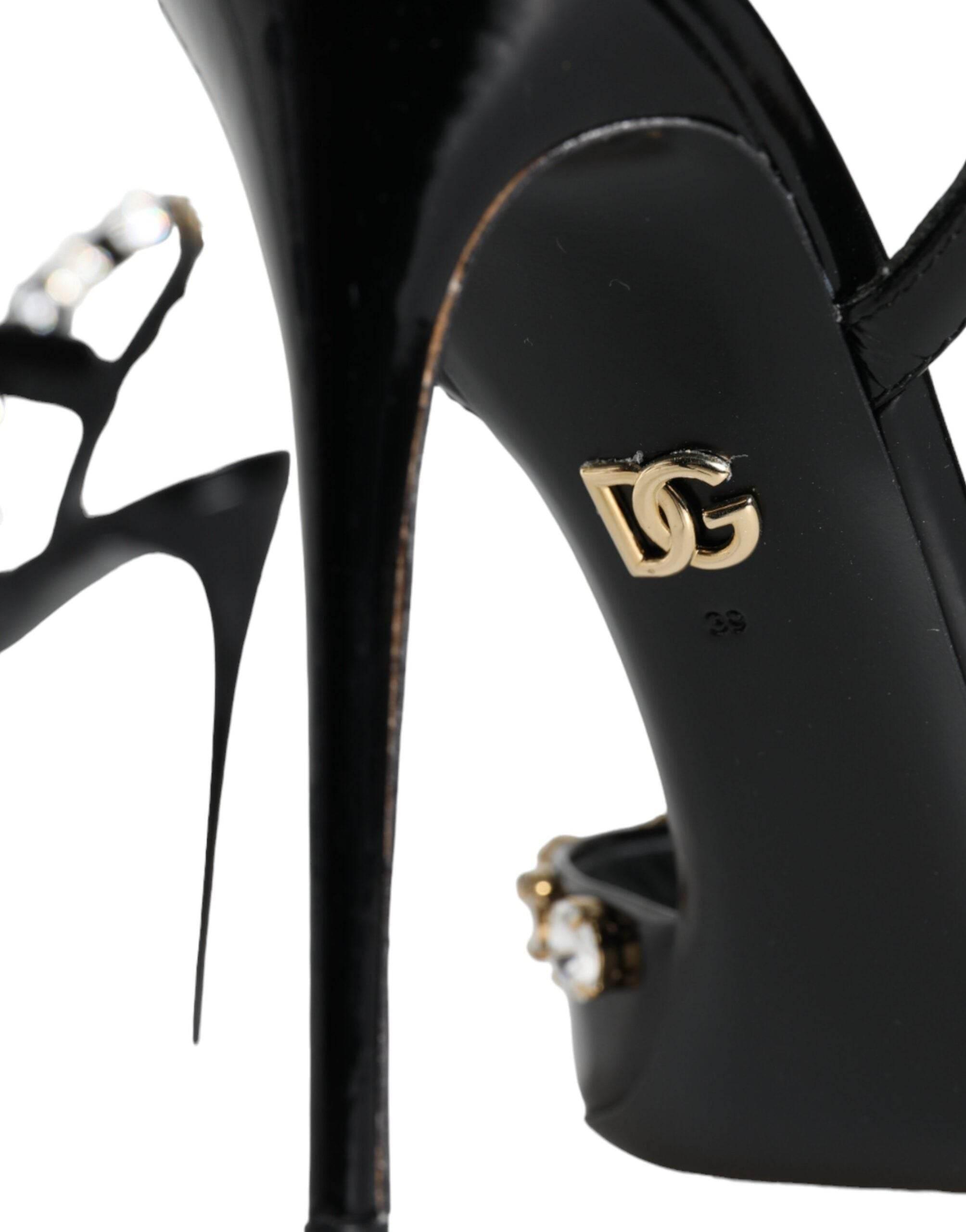 Dolce & Gabbana Black Leather Crystal Ankle Strap Sandals Shoes - Hilstor