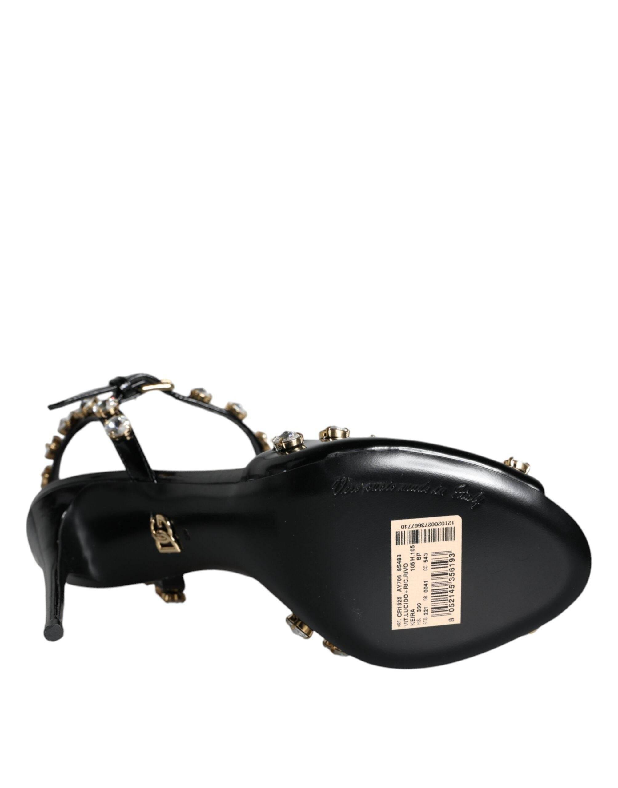 Dolce & Gabbana Black Leather Crystal Ankle Strap Sandals Shoes - Hilstor